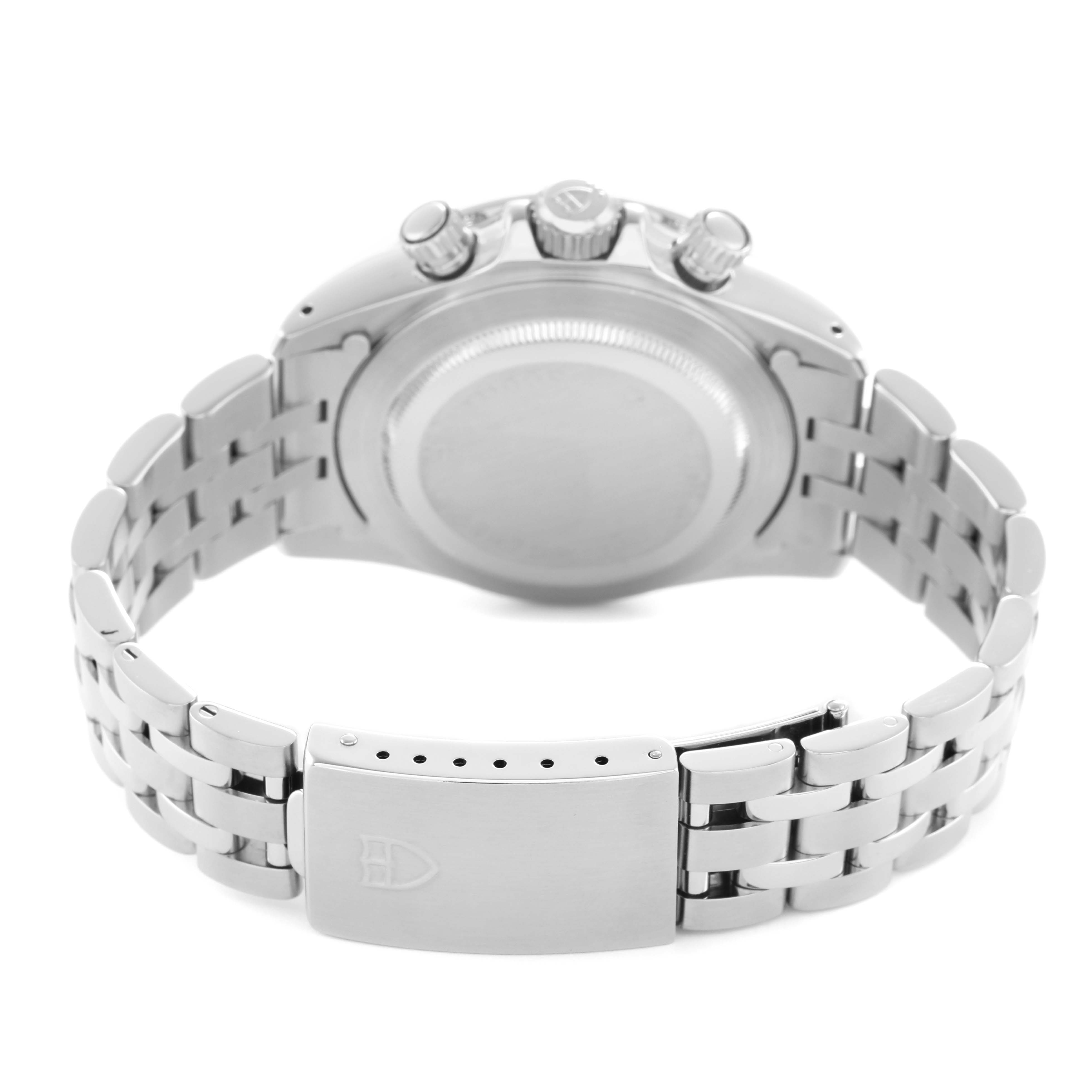 The Tudor Prince 79280 Men's Stainless Steel Silver Dial watch is displayed from the backside, showcasing the clasp, bracelet, and caseback.