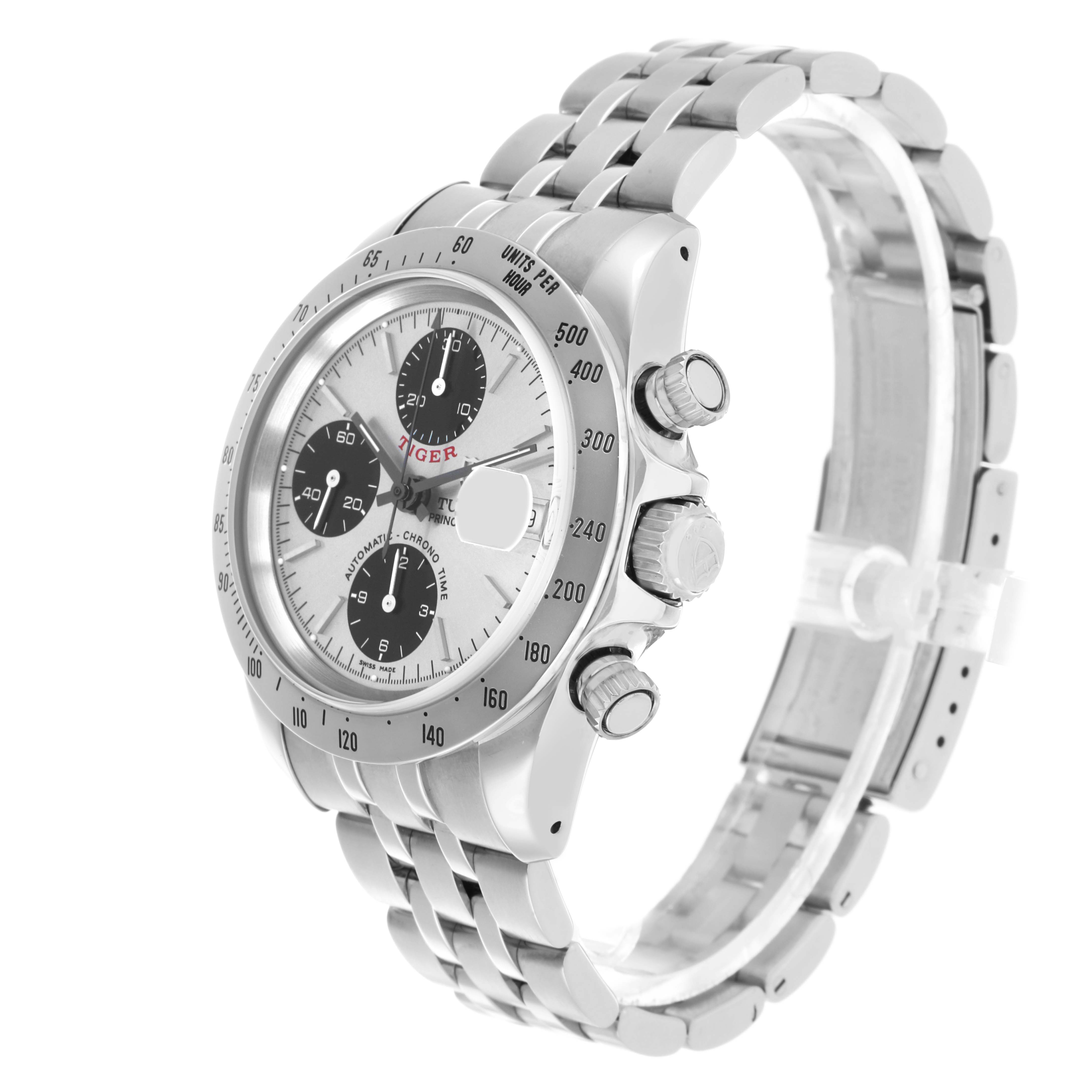 The Tudor Prince 79280 Men's Stainless Steel Silver Dial watch is shown at a three-quarter angle, displaying the face, bezel, crown, pushers, and bracelet.