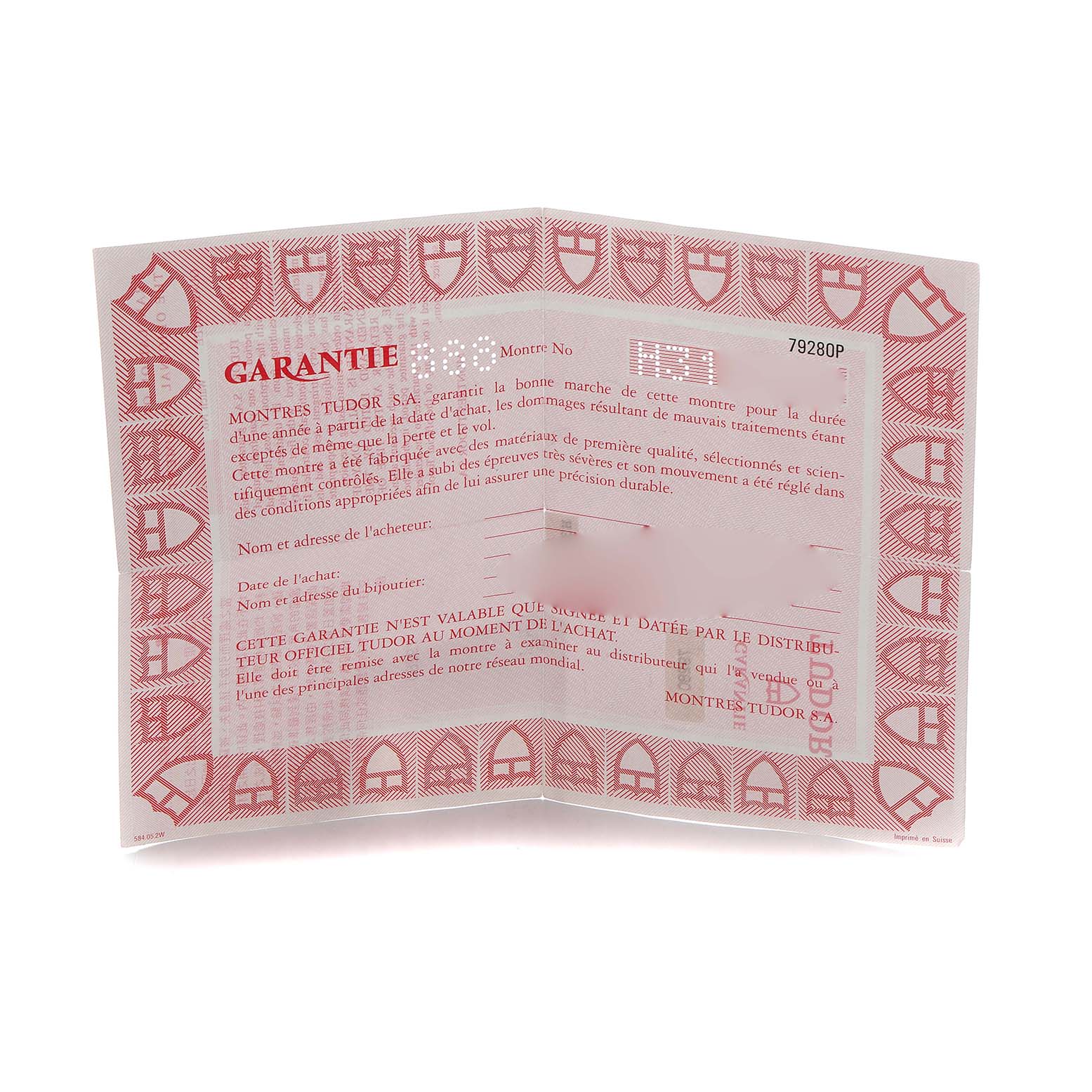 The image shows a Tudor Prince 79280 Men's Stainless Steel Silver Dial model warranty certificate from an overhead angle.