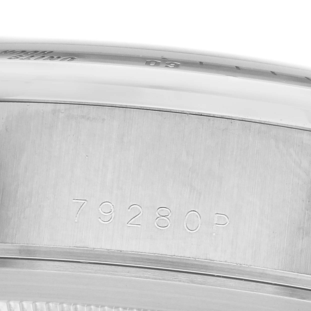 The image shows a close-up of the Tudor Prince 79280 Men's Stainless Steel Silver Dial model's case side, highlighting the model number engraving.