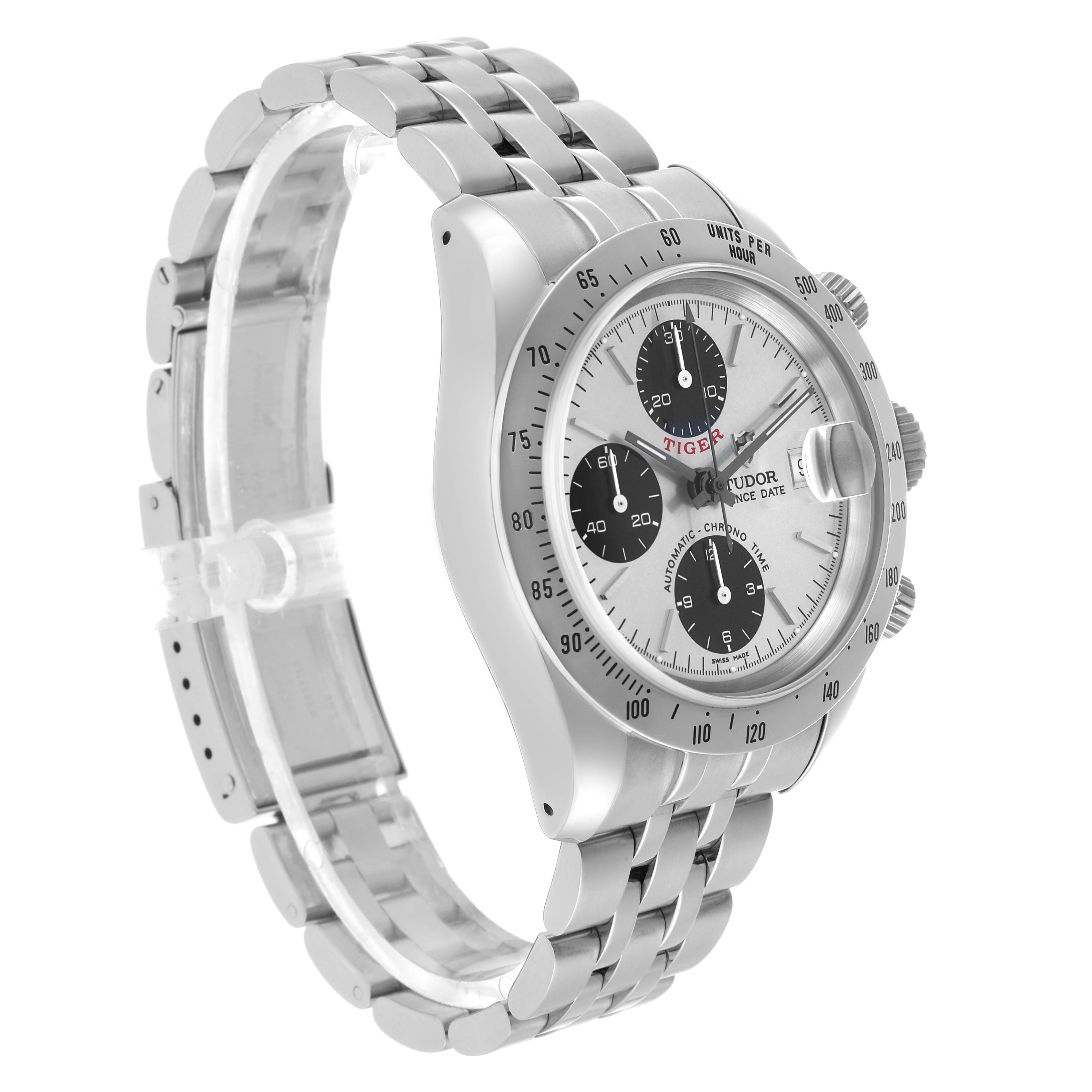 The Tudor Prince 79280 Men's Stainless Steel Silver Dial watch is shown at a three-quarter angle, displaying the bracelet, face, and side view, including the crown and pushers.