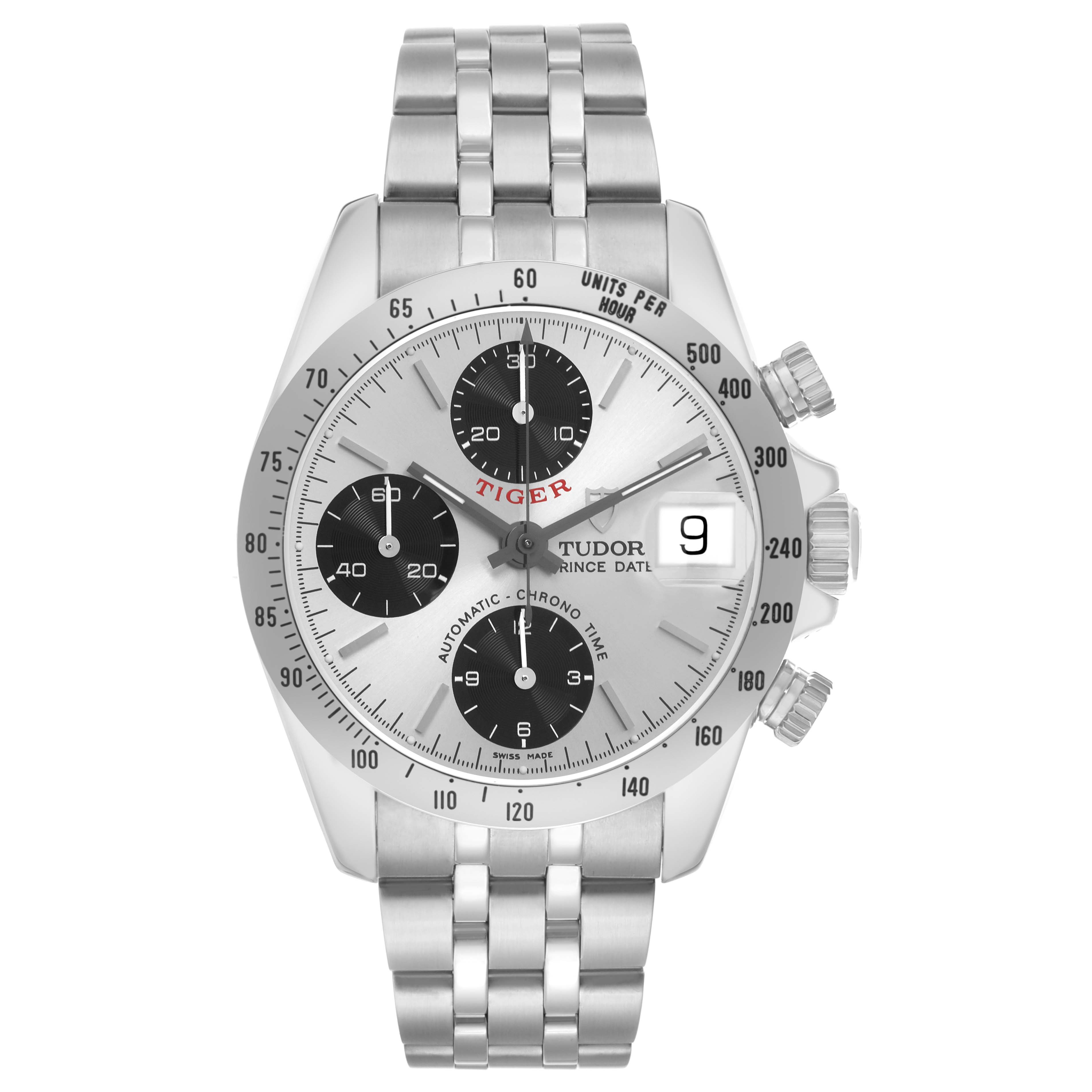 The Tudor Prince 79280 Men's Stainless Steel Silver Dial watch is shown from the front, displaying its chronograph dial, date window, and metal bracelet.