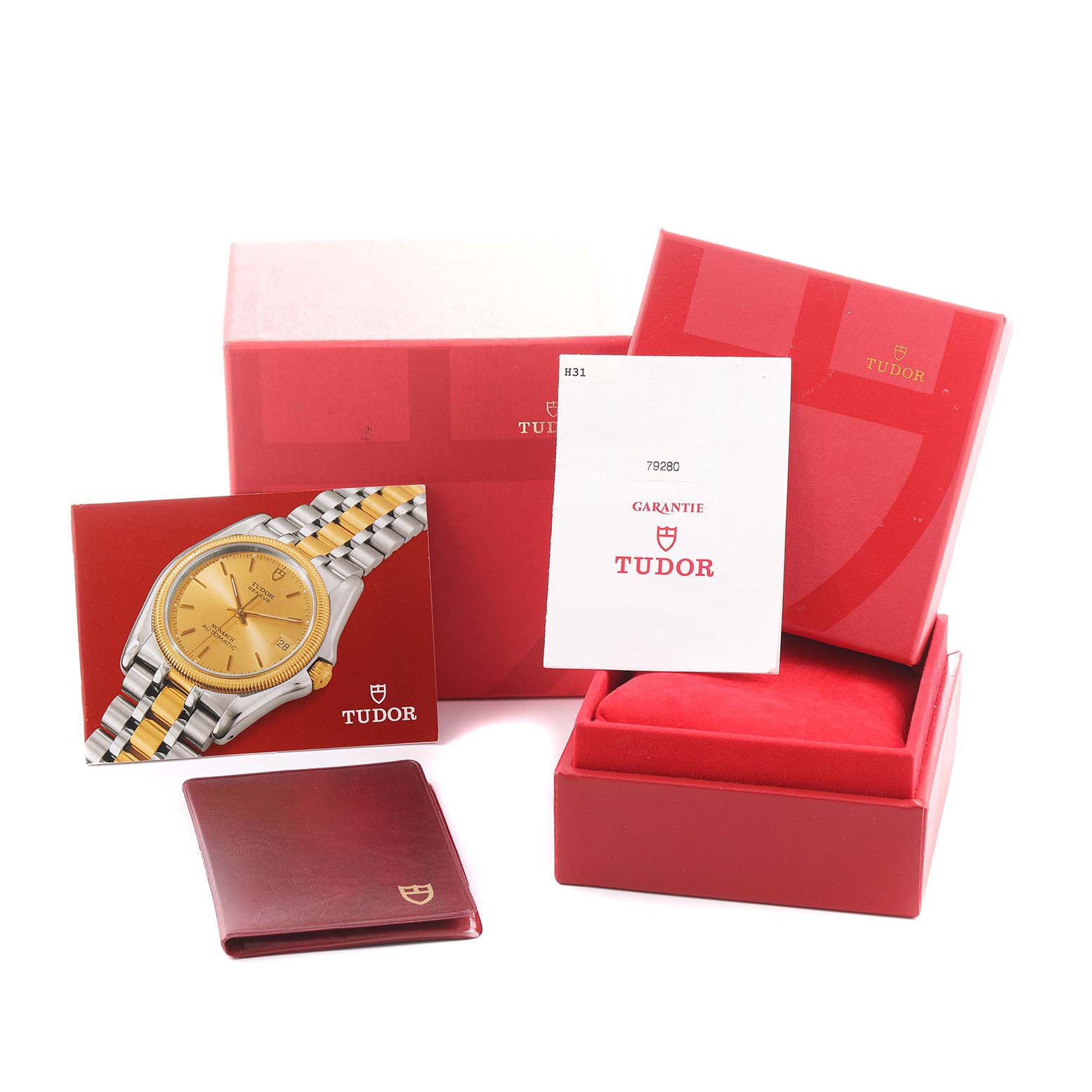 The image shows Tudor Prince 79280 Men's Stainless Steel Silver Dial watch packaging, warranty, and booklet, with a watch image on the card.