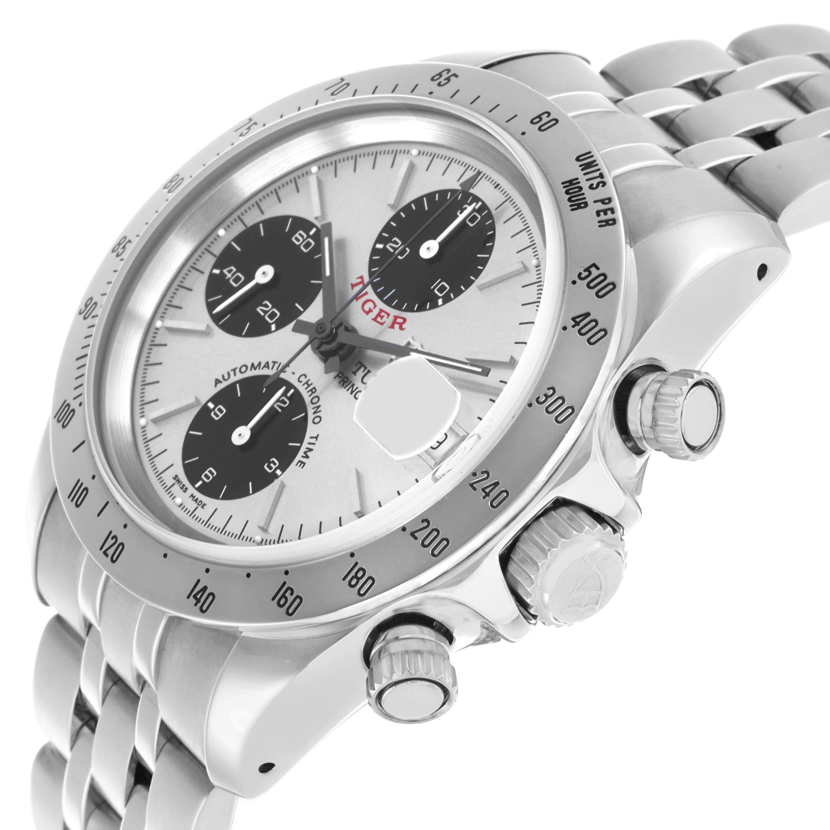 The image shows a side angle of the Tudor Prince 79280 Men's Stainless Steel Silver Dial watch, highlighting the crown, pushers, and dial details.