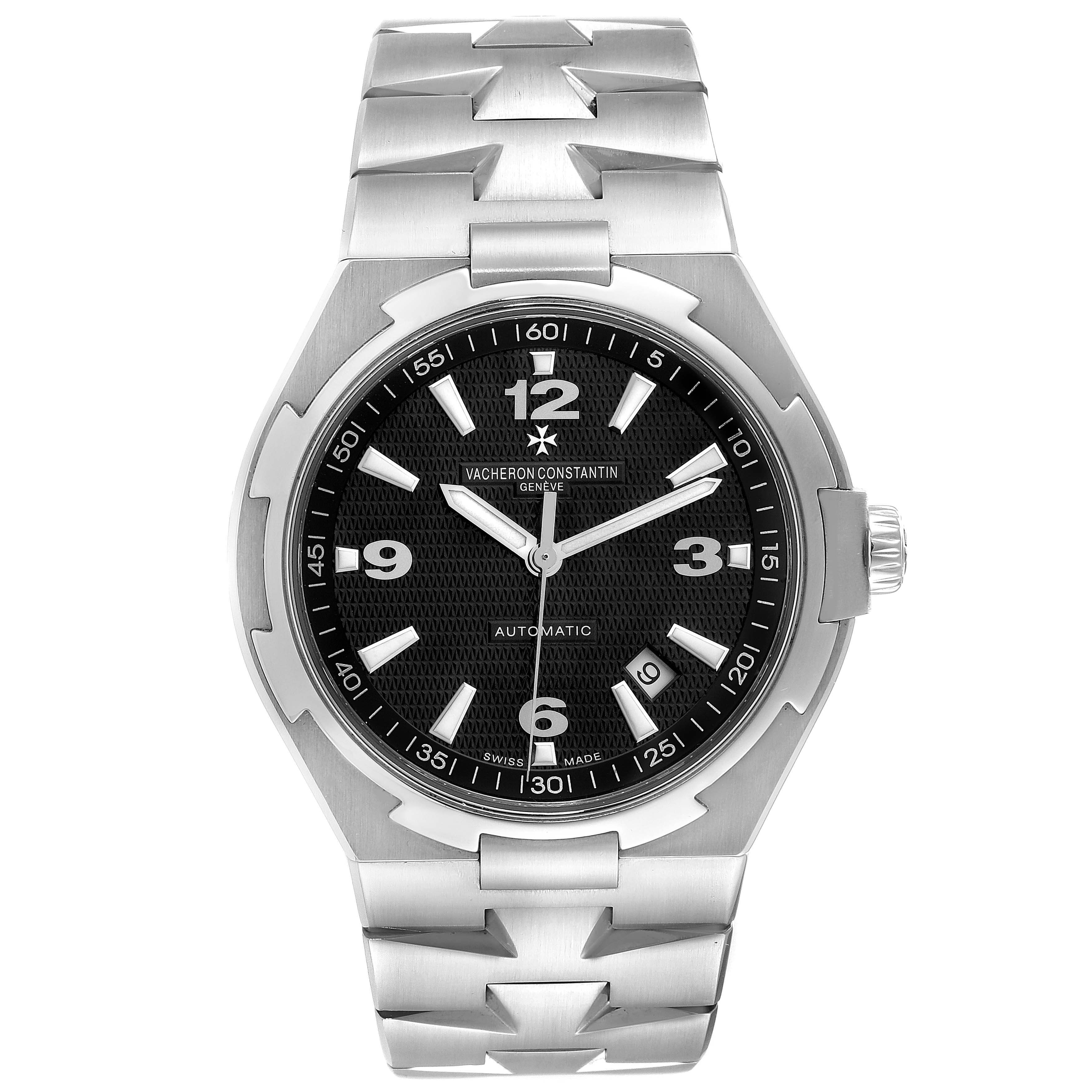 The image shows a front view of a Vacheron Constantin Overseas 47040/B01A-9094 Men's Stainless Steel Black Dial 47040/B01A-9094 Men's Stainless Steel Black Dial model watch, highlighting its face and bracelet.