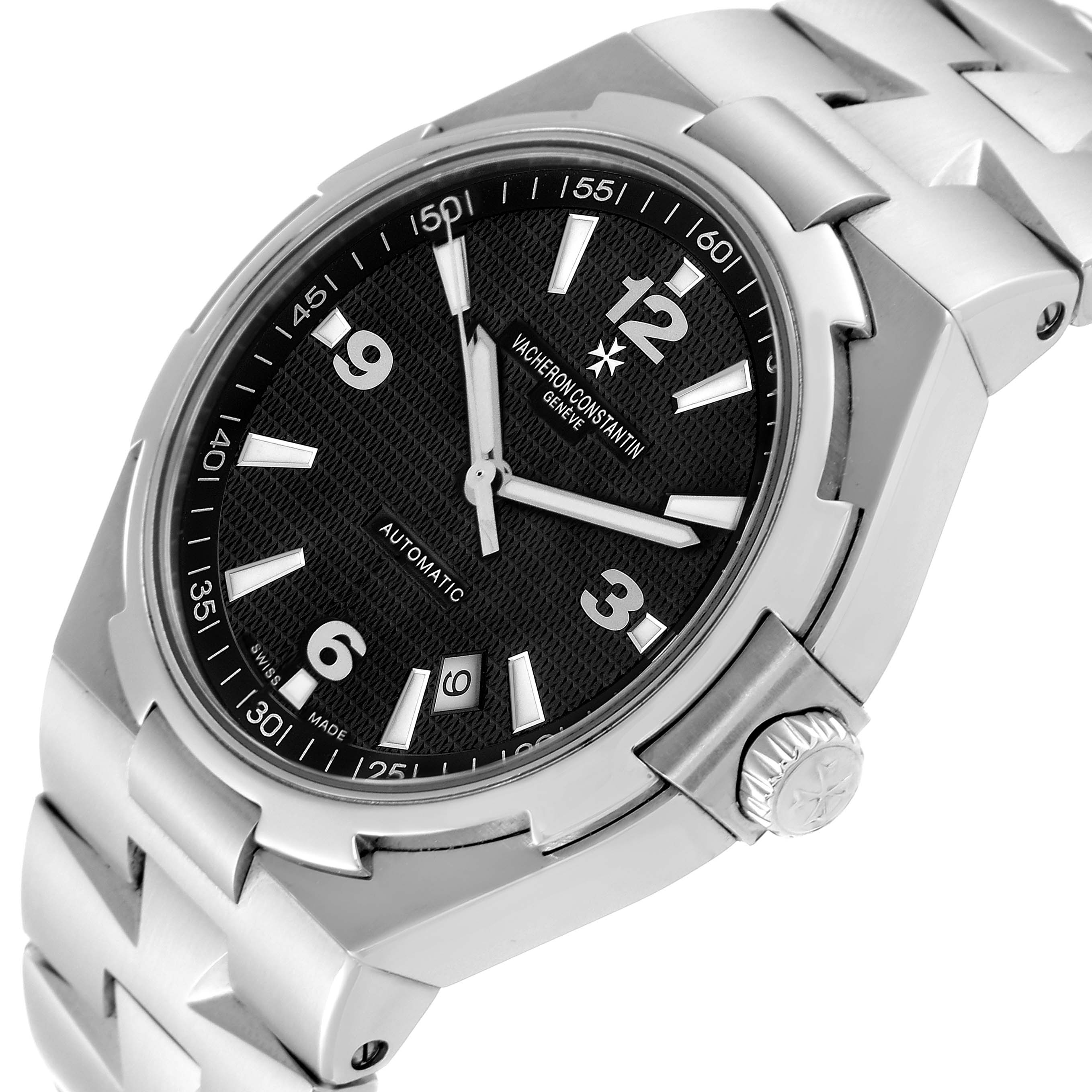 The image shows a close-up angle of a Vacheron Constantin Overseas 47040/B01A-9094 Men's Stainless Steel Black Dial 47040/B01A-9094 Men's Stainless Steel Black Dial watch, highlighting the dial, crown, and part of the bracelet.