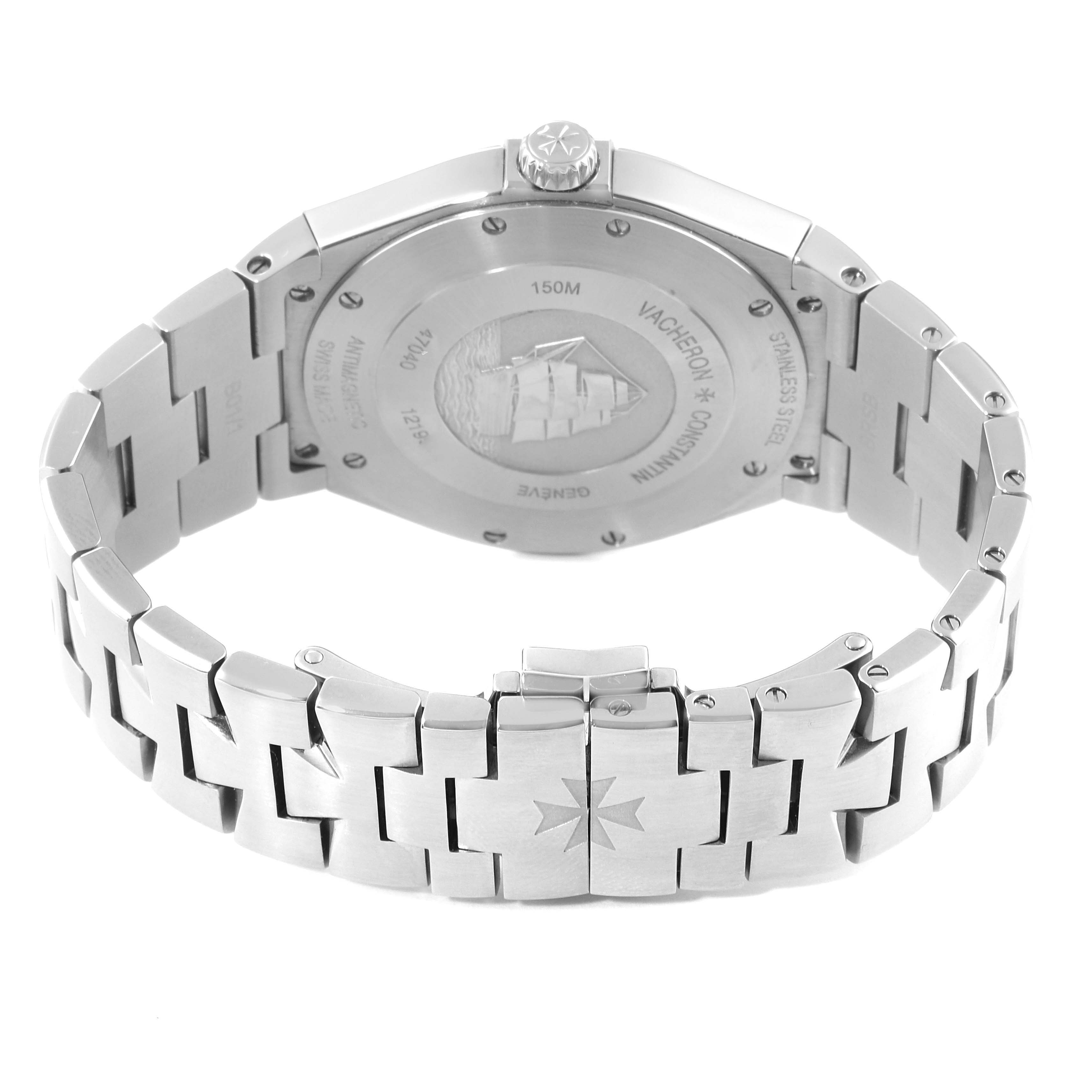 The image shows the back case and bracelet of a Vacheron Constantin Overseas 47040/B01A-9094 Men's Stainless Steel Black Dial 47040/B01A-9094 Men's Stainless Steel Black Dial model watch.