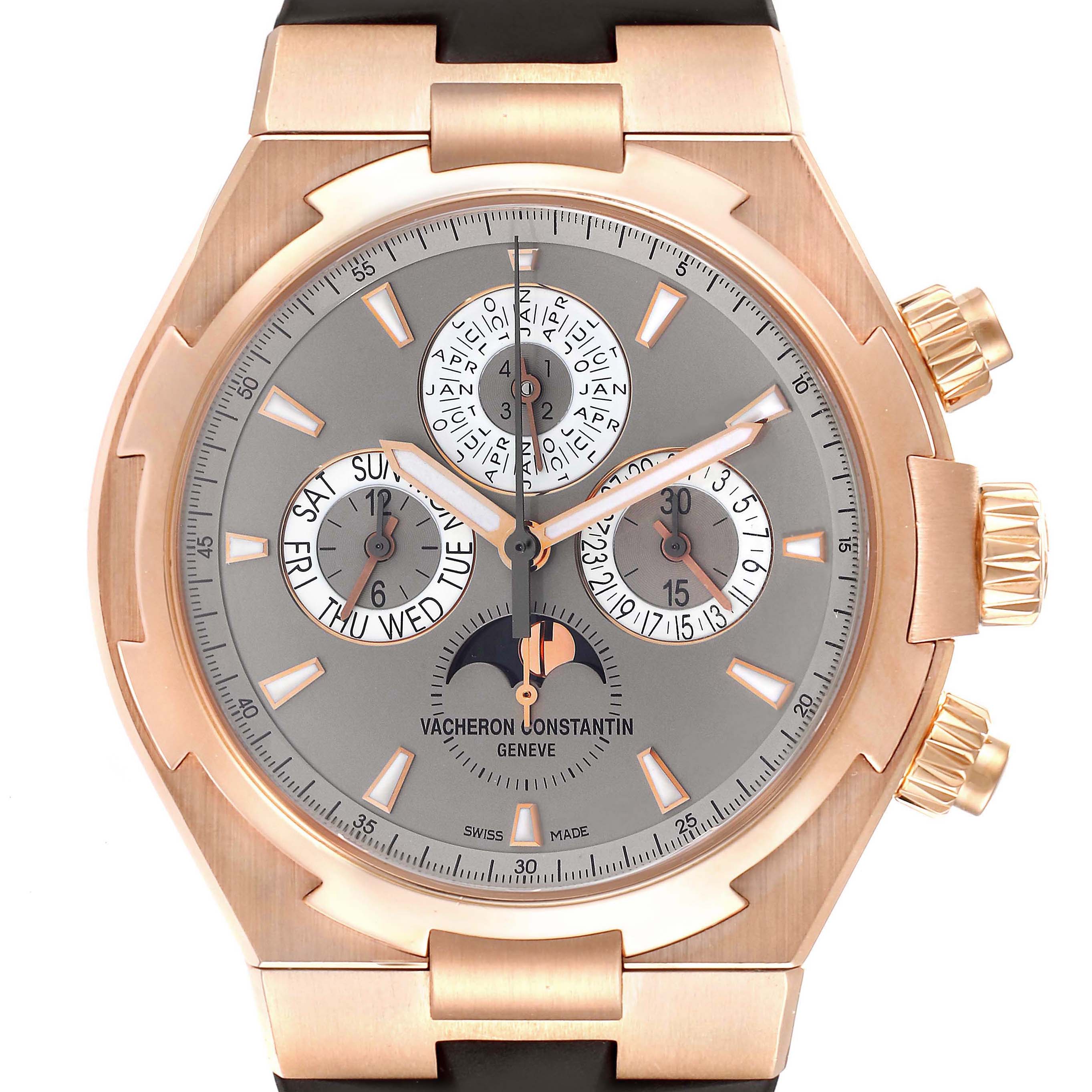 This image shows a frontal view of the Vacheron Constantin Overseas 49020/000R-9753 Men's Rose Gold Brown Dial 49020/000R-9753 Men's Rose Gold Brown Dial watch, highlighting its dial, subdials, crown, and pushers.