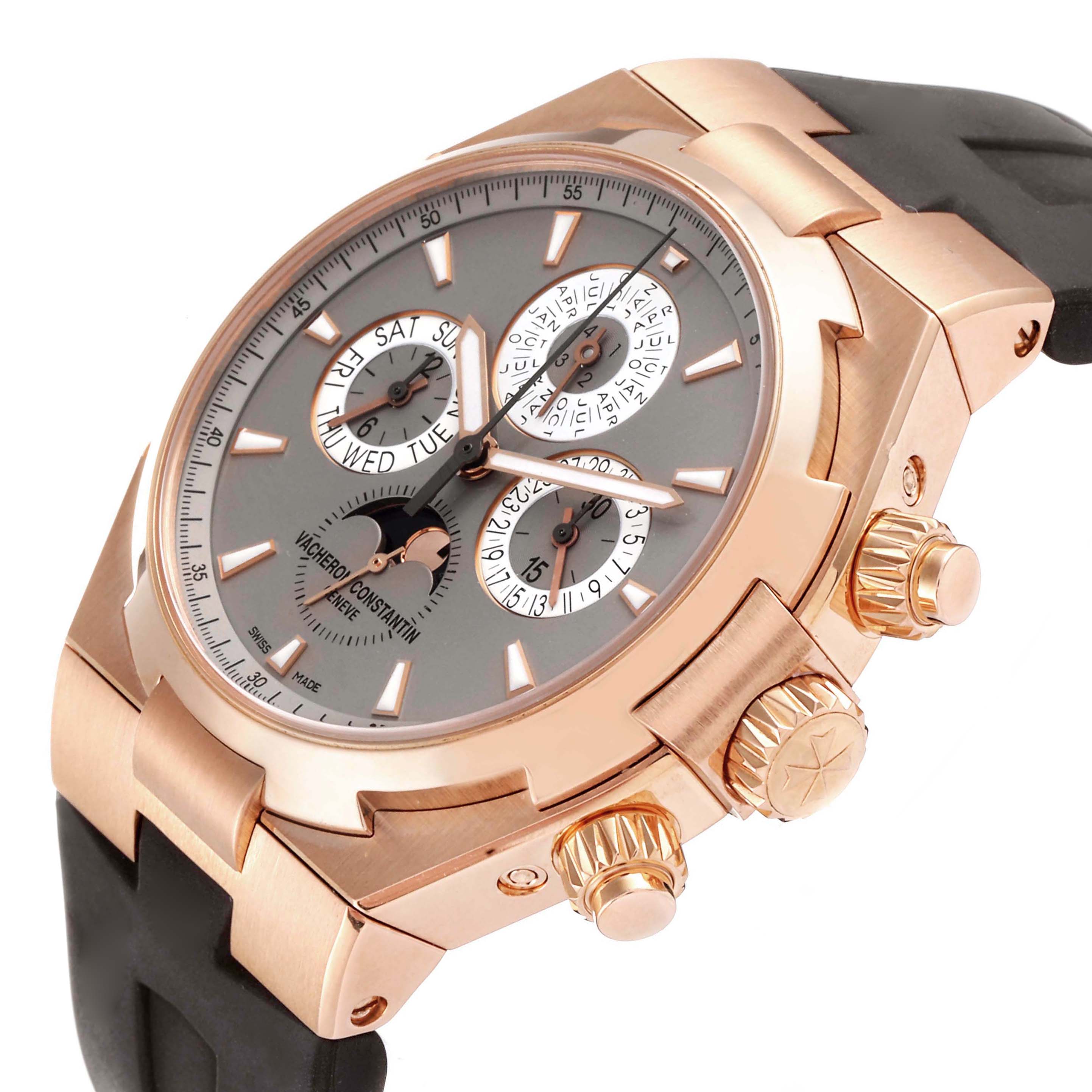 This Vacheron Constantin Overseas 49020/000R-9753 Men's Rose Gold Brown Dial 49020/000R-9753 Men's Rose Gold Brown Dial watch is shown at a slight angle, revealing its dial, chronograph subdials, case, and crown.