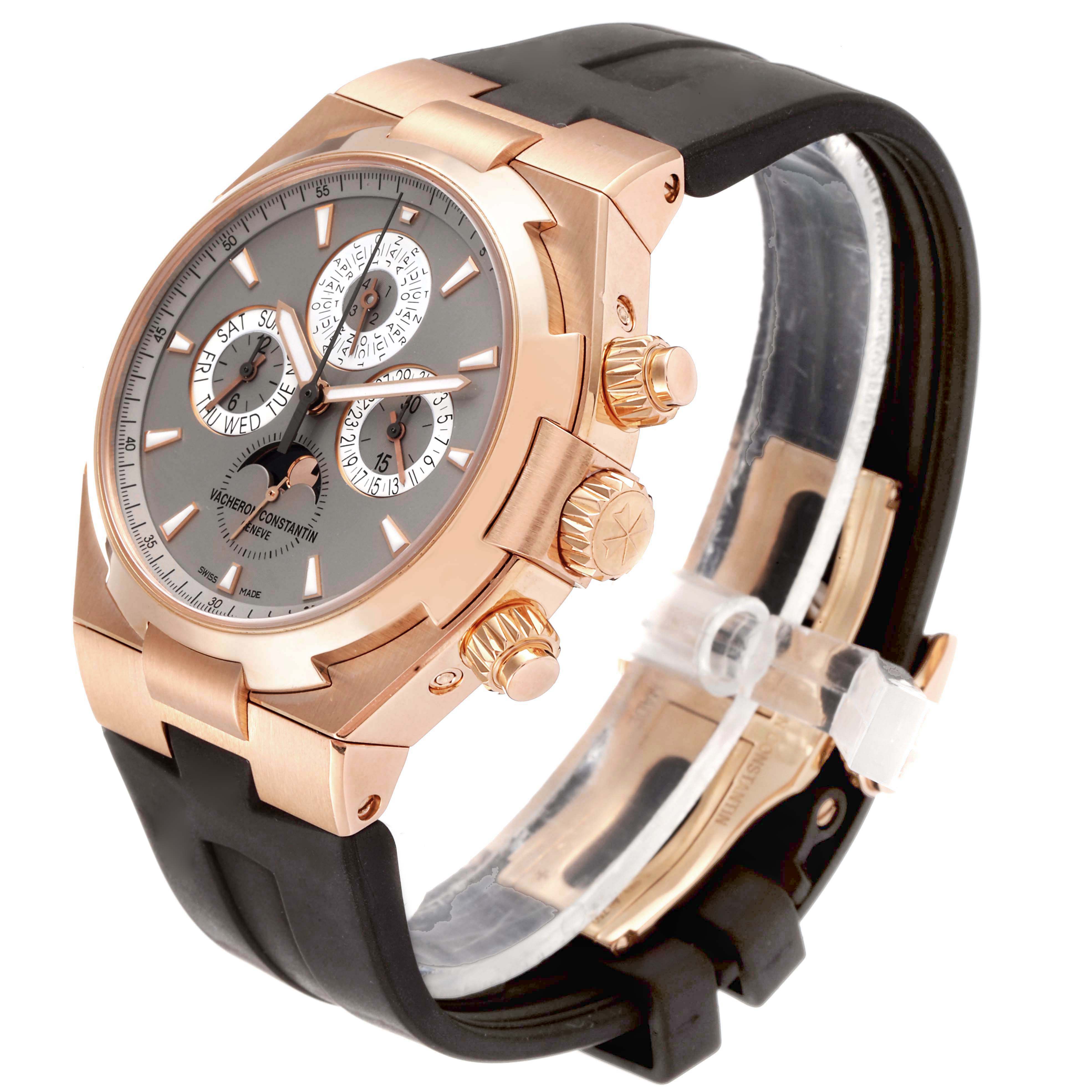 The image shows a Vacheron Constantin Overseas 49020/000R-9753 Men's Rose Gold Brown Dial 49020/000R-9753 Men's Rose Gold Brown Dial watch at an oblique angle, highlighting the dial, case, and strap.