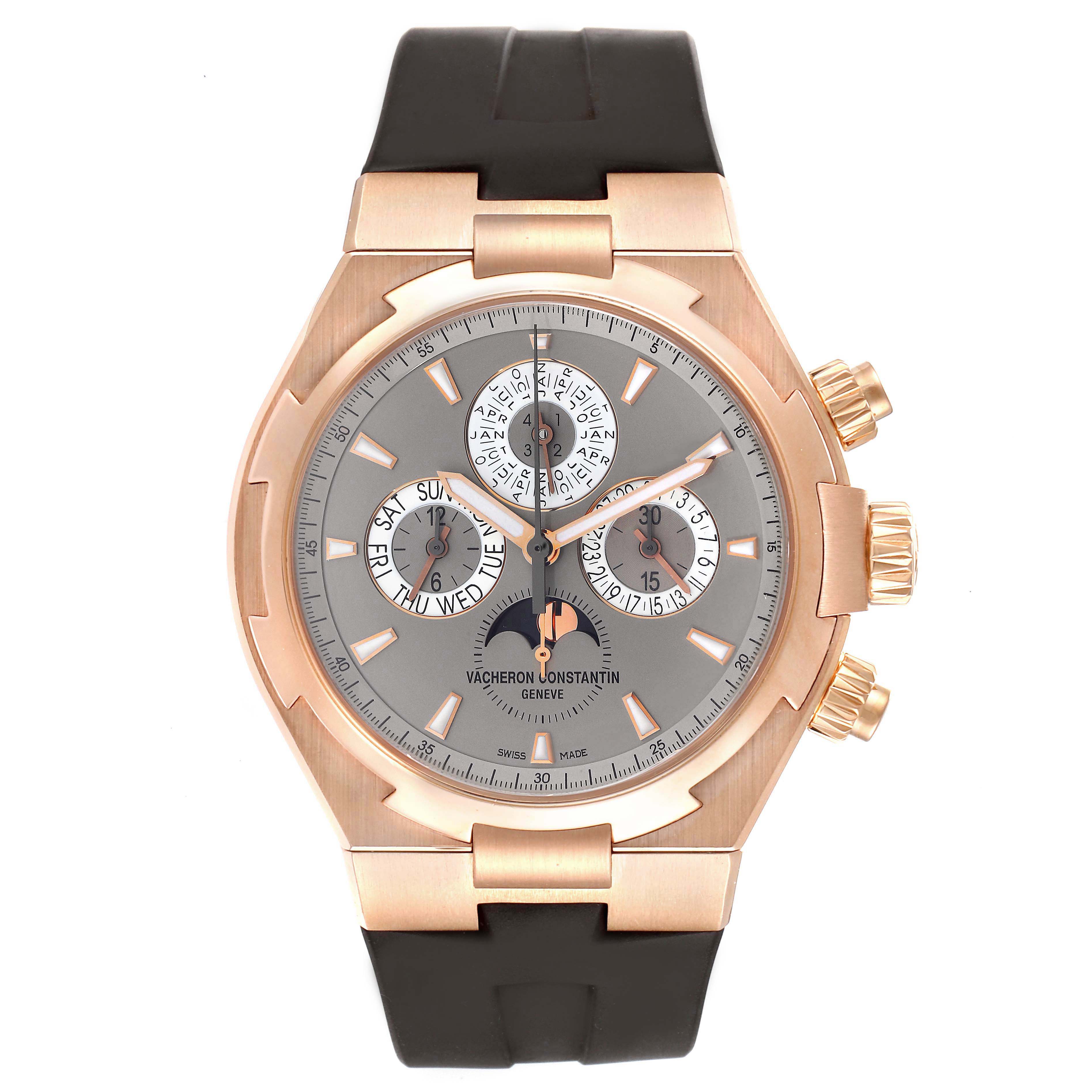 The Vacheron Constantin Overseas 49020/000R-9753 Men's Rose Gold Brown Dial 49020/000R-9753 Men's Rose Gold Brown Dial watch is shown in a front view, highlighting its dial, bezel, and pushers.