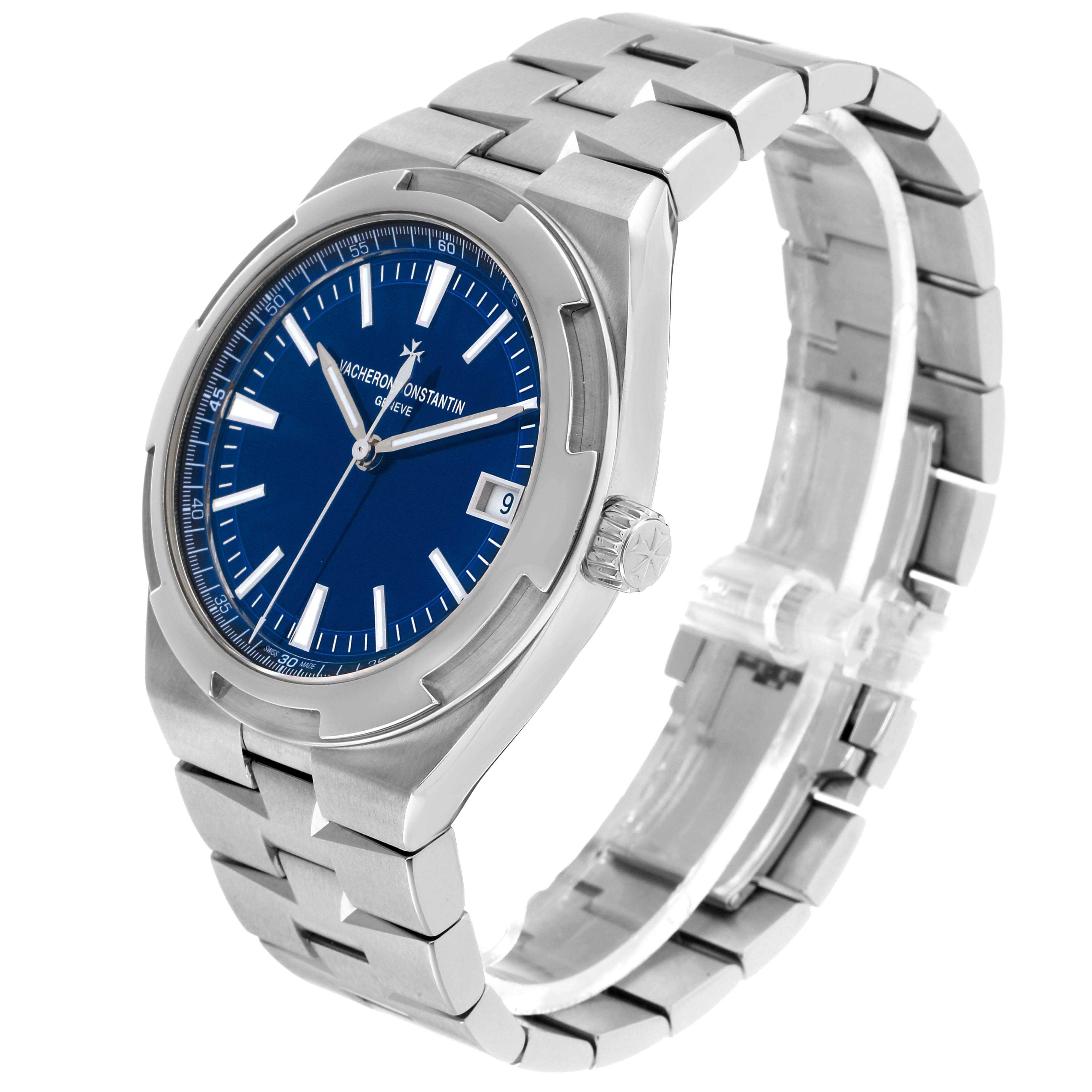The Vacheron Constantin Overseas 4500V Men's Stainless Steel Blue Dial watch is shown at a three-quarter angle, displaying the blue dial, case, crown, and bracelet.