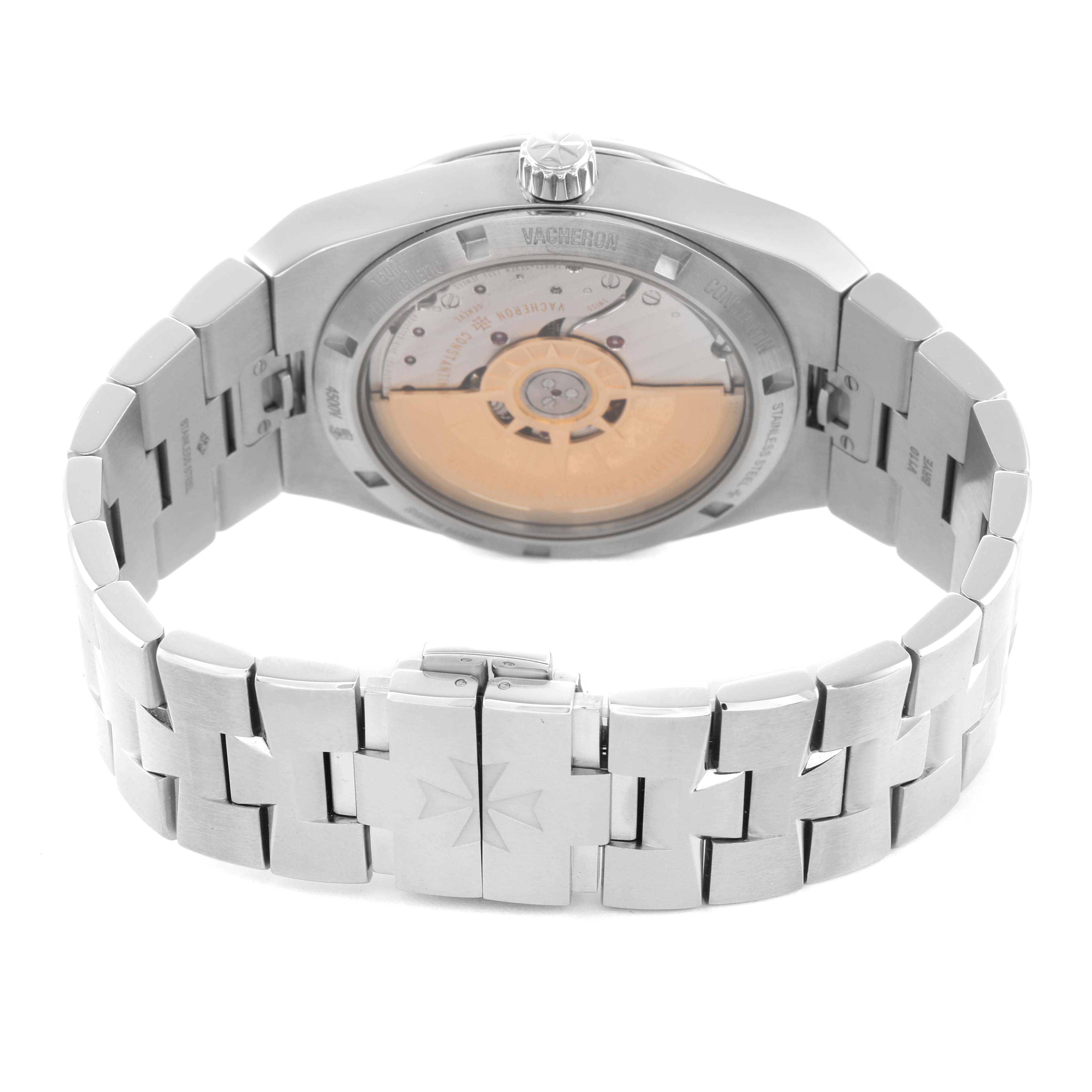 The image shows the Vacheron Constantin Overseas 4500V Men's Stainless Steel Blue Dial model from the back, highlighting the movement through the case back and the bracelet.