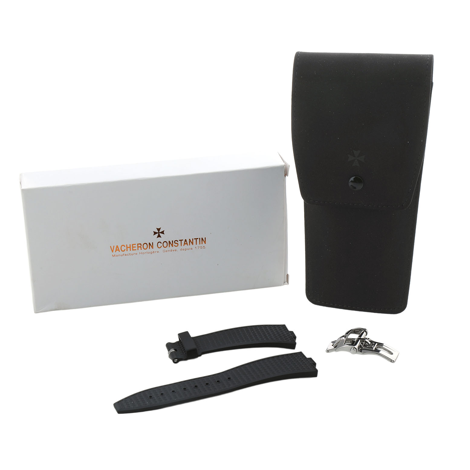The image shows Vacheron Constantin Overseas 4500V Men's Stainless Steel Blue Dial model accessories, including a box, pouch, straps, and clasp, viewed from above.
