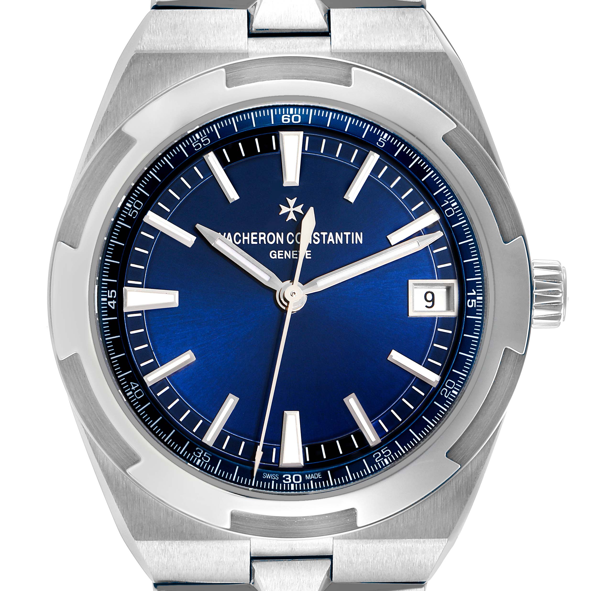 The Vacheron Constantin Overseas 4500V Men's Stainless Steel Blue Dial watch is shown from a front angle, highlighting its blue dial, date window, hands, and bezel.