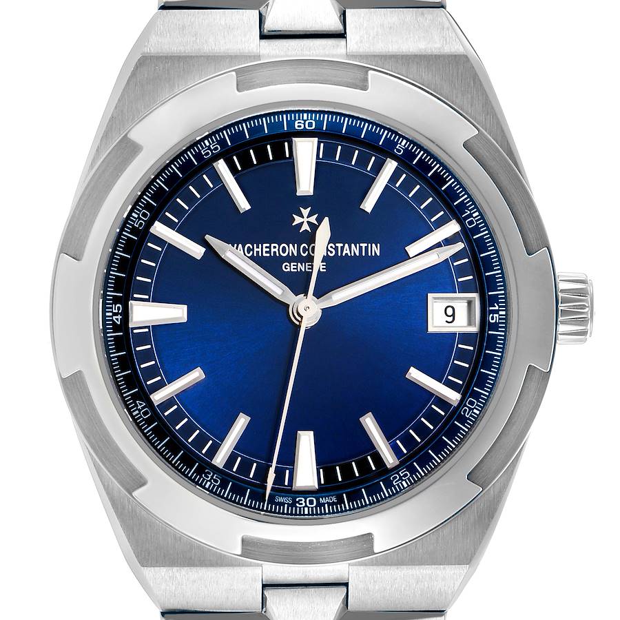 The Vacheron Constantin Overseas 4500V Men's Stainless Steel Blue Dial watch is shown from a front angle, highlighting its blue dial, date window, hands, and bezel.