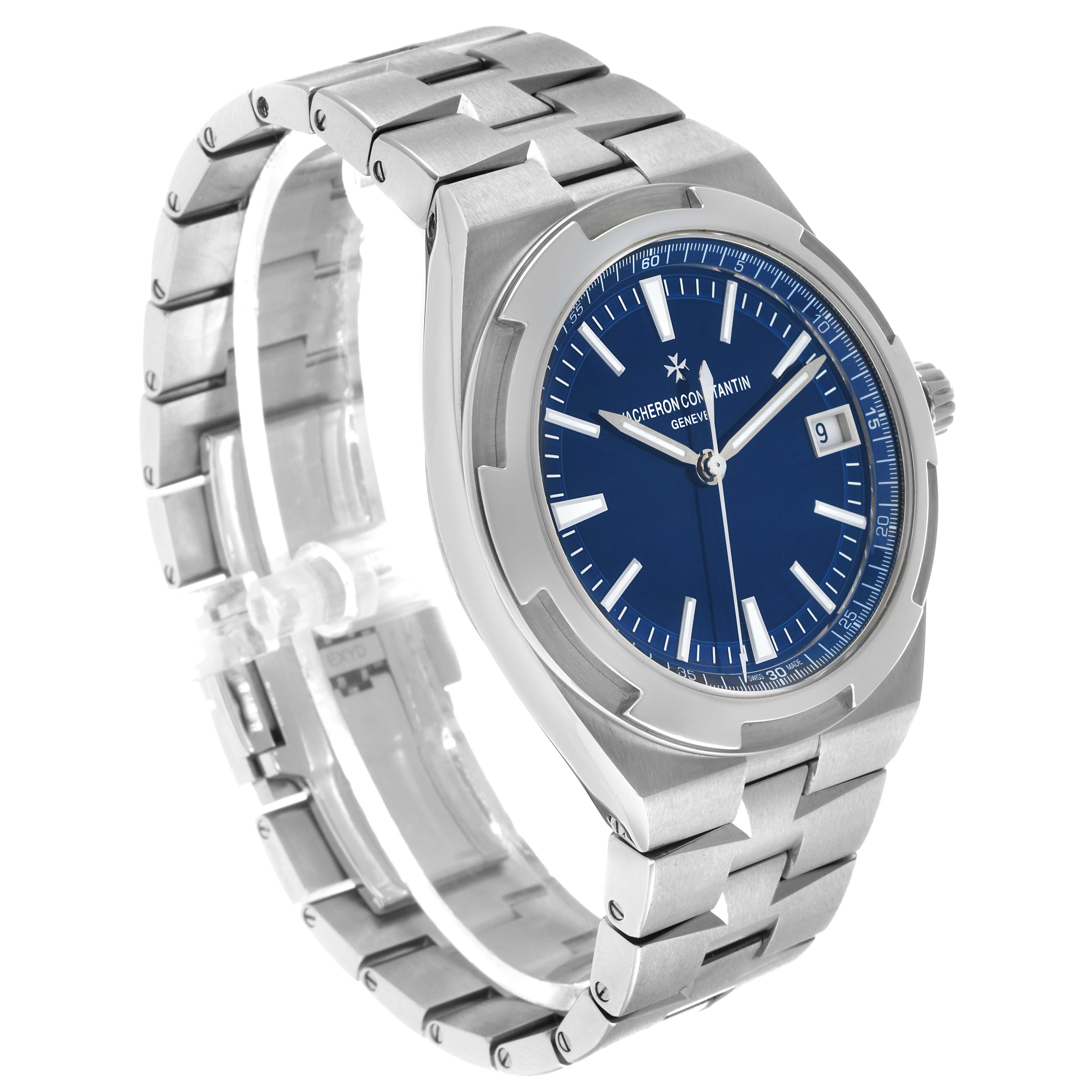 The Vacheron Constantin Overseas 4500V Men's Stainless Steel Blue Dial watch is shown at an angle displaying the face, crown, bracelet, and partially open clasp.