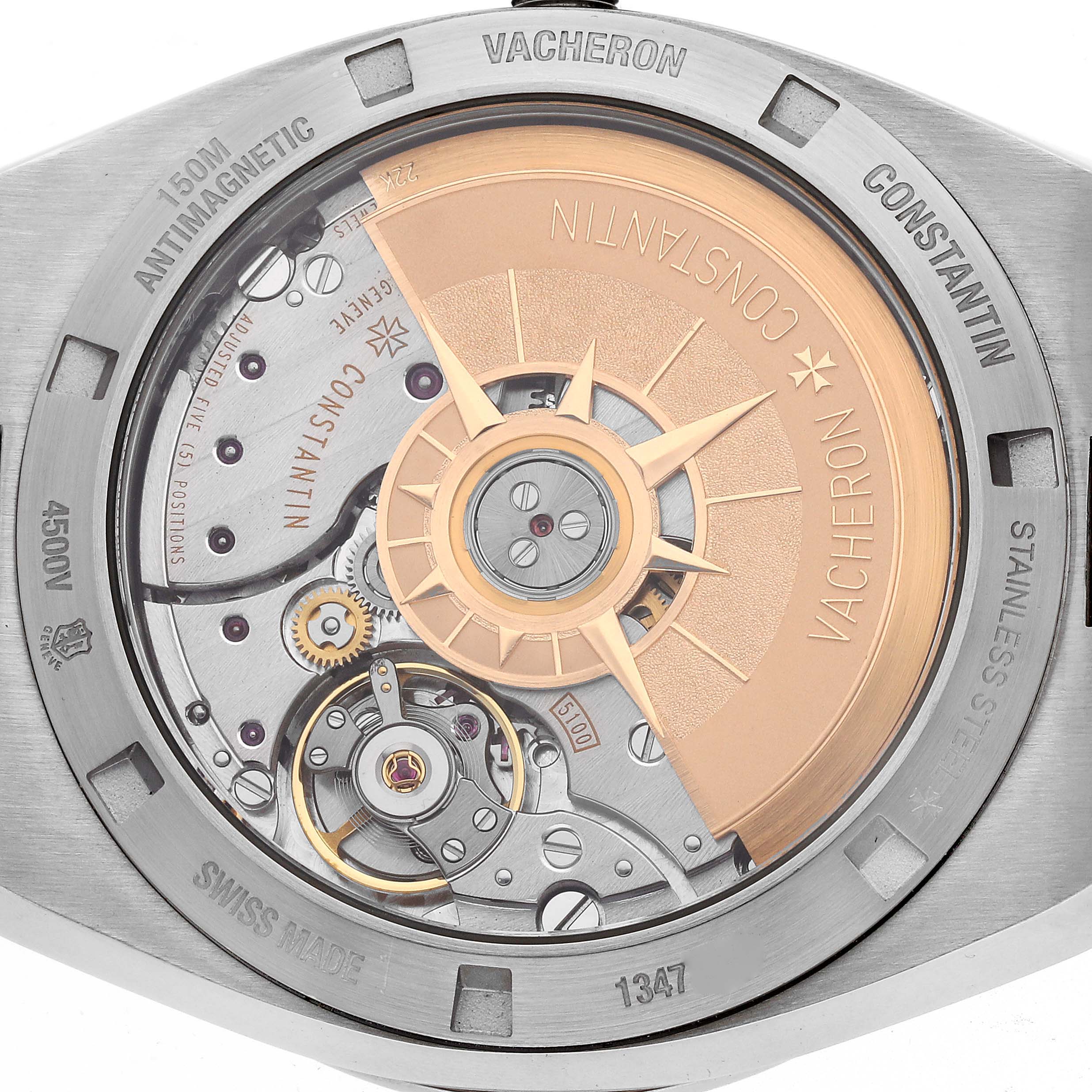 The image shows the back of a Vacheron Constantin Overseas 4500V Men's Stainless Steel Blue Dial watch, highlighting its intricate movement and rotor.