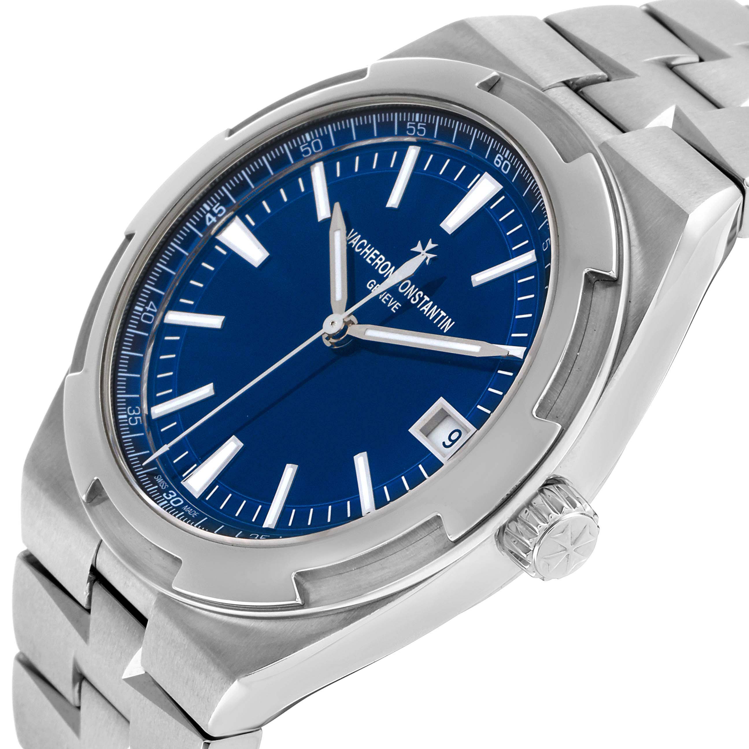 The Vacheron Constantin Overseas 4500V Men's Stainless Steel Blue Dial watch is shown at a side angle, highlighting the blue dial, crown, and part of the bracelet.