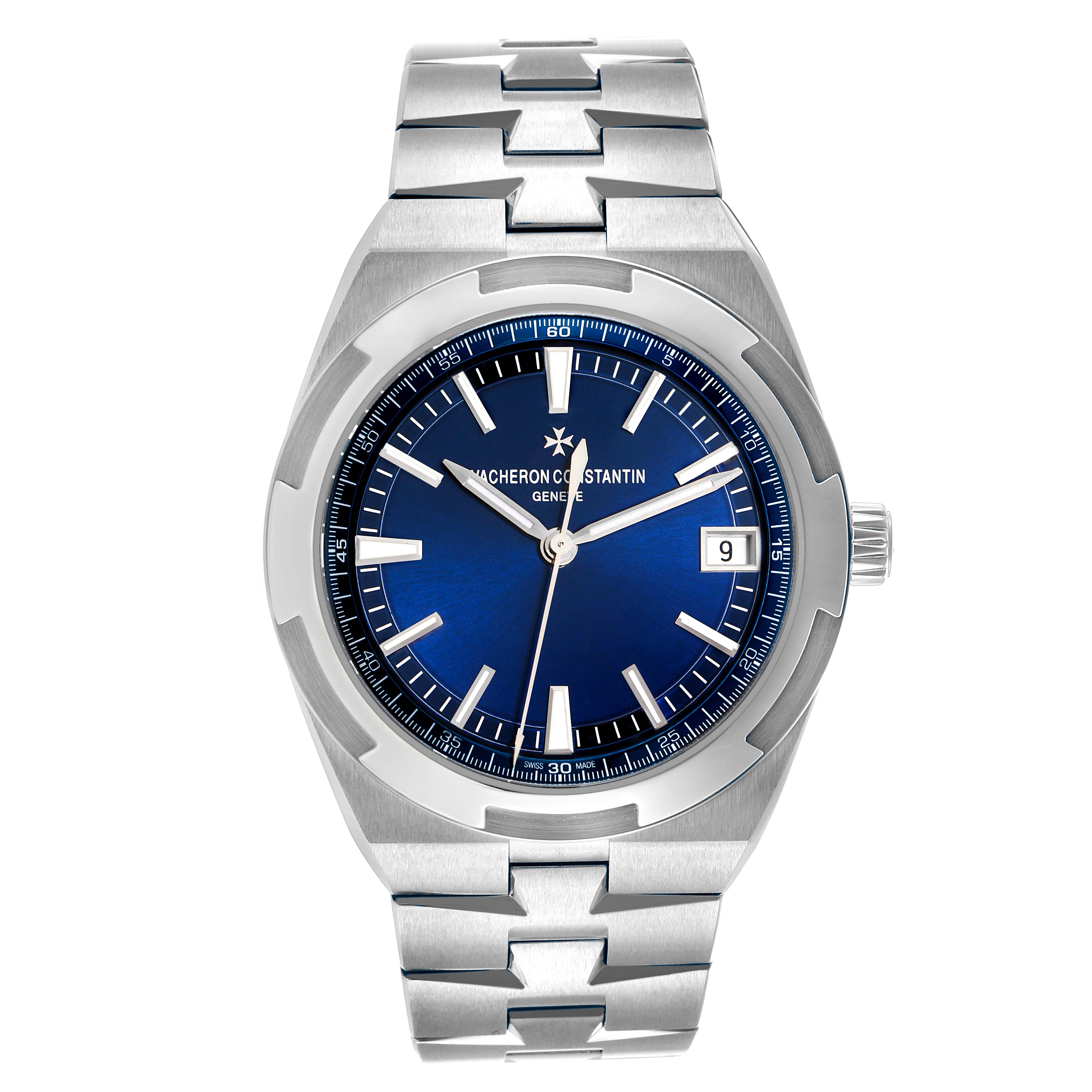 The Vacheron Constantin Overseas 4500V Men's Stainless Steel Blue Dial model watch is shown from a front angle, highlighting its blue dial, hands, markers, crown, and bracelet.