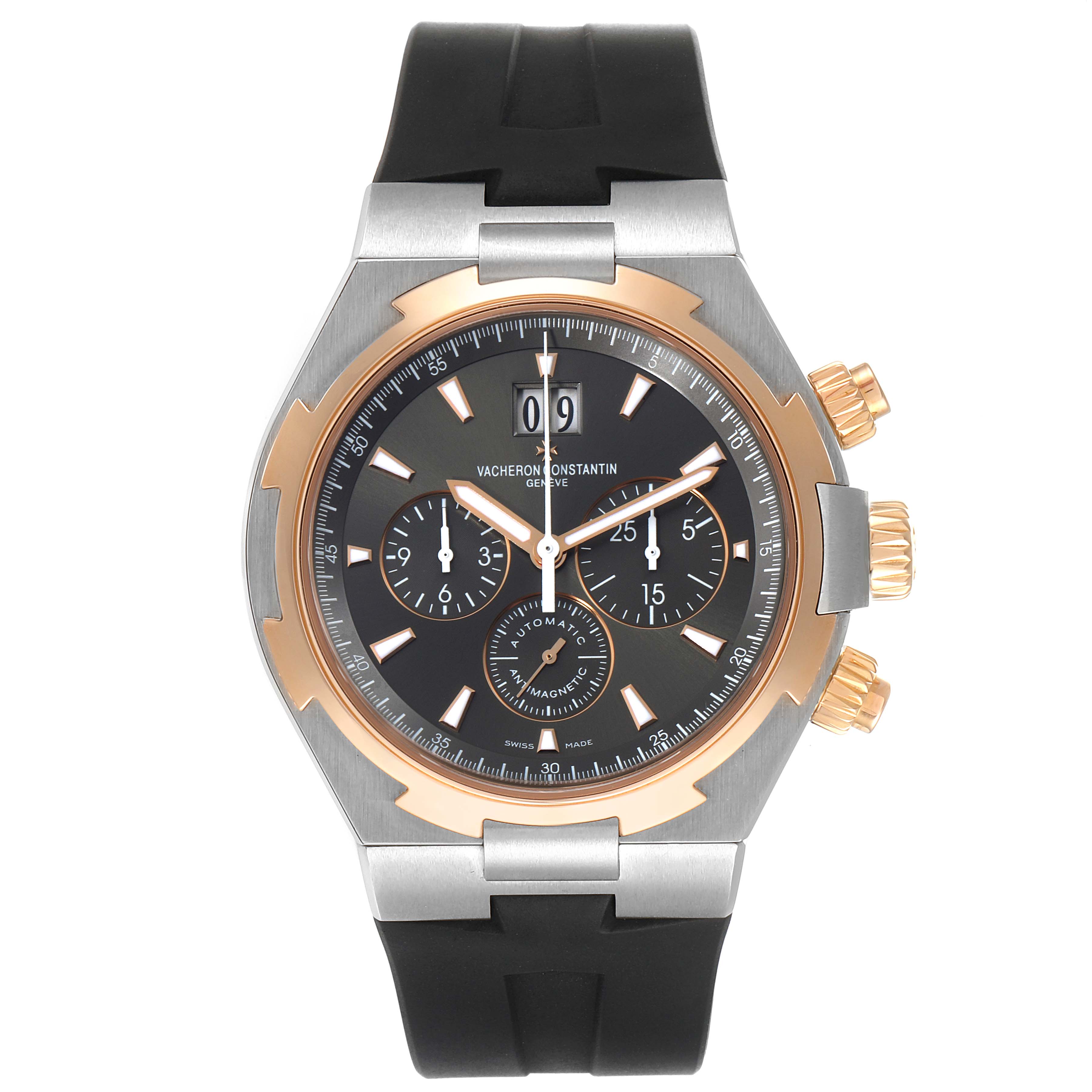 This Vacheron Constantin Overseas 49150/000M-9338 Men's Steel and Gold (two tone) Grey Dial 49150/000M-9338 Men's Steel and Gold (two tone) Grey Dial watch is shown in a front view, displaying its dial, case, and rubber strap.