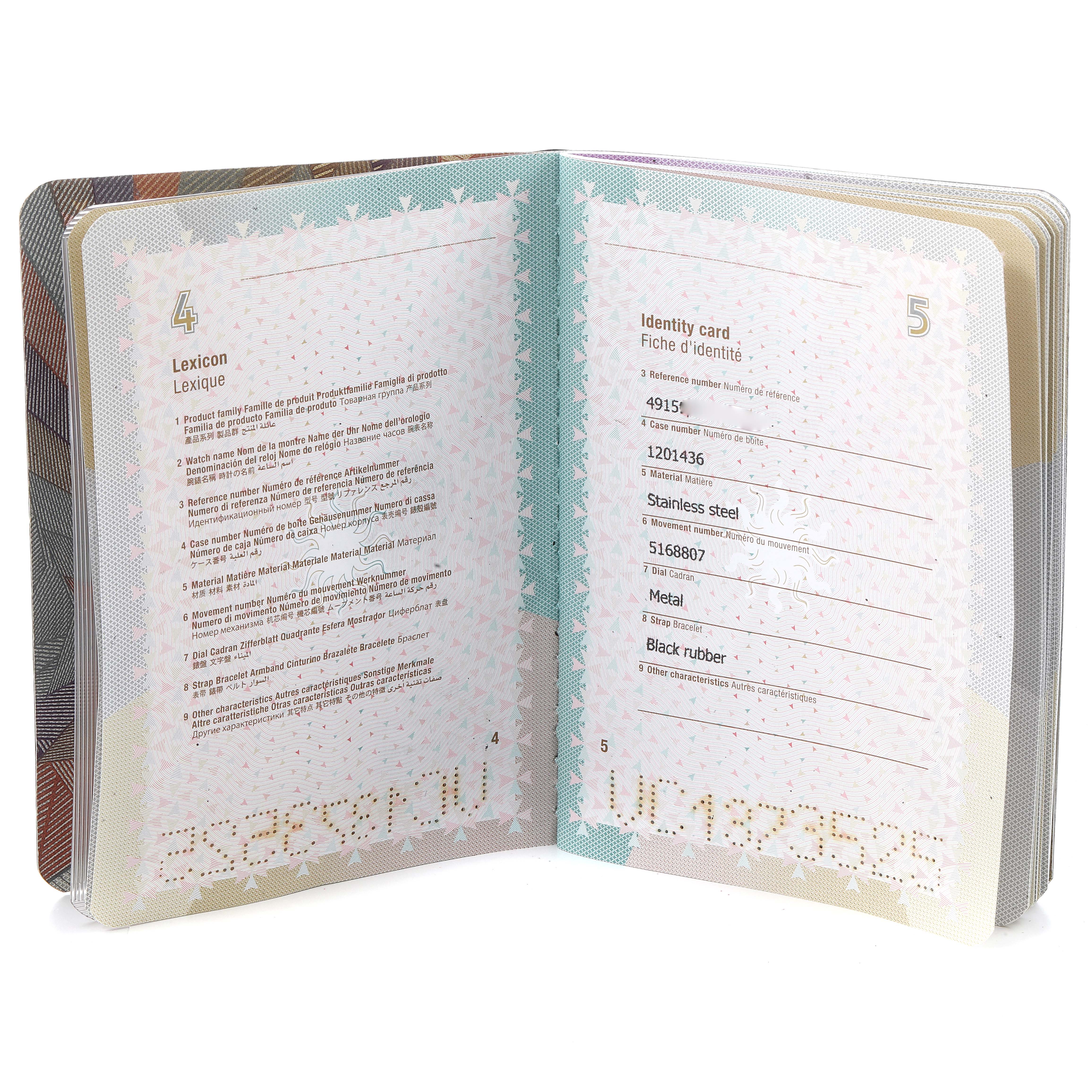 The image shows an open identity booklet for a Vacheron Constantin Overseas 49150/000M-9338 Men's Steel and Gold (two tone) Grey Dial 49150/000M-9338 Men's Steel and Gold (two tone) Grey Dial watch, featuring model number and material details.