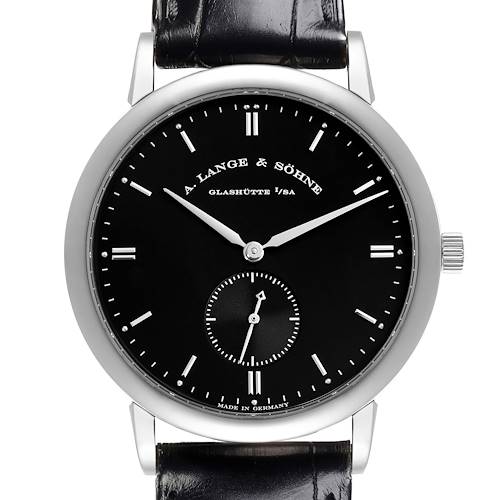 The A. Lange & Söhne Saxonia watch is shown from the front, displaying the dial, hands, and strap.