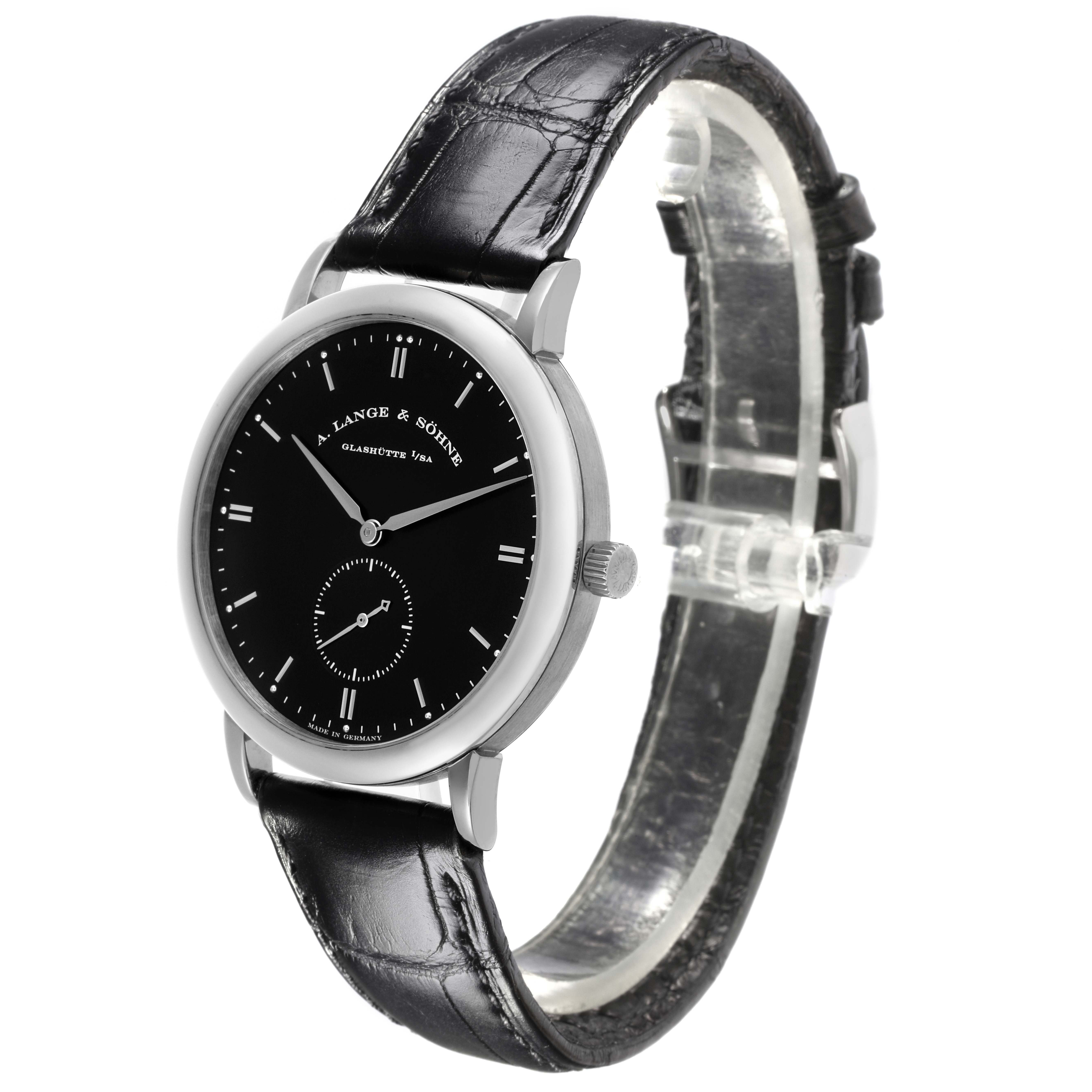 The A. Lange & Sohne Saxonia 215.029 Men's White Gold Black Dial watch is shown at a three-quarter angle, highlighting the face, bezel, and leather strap.