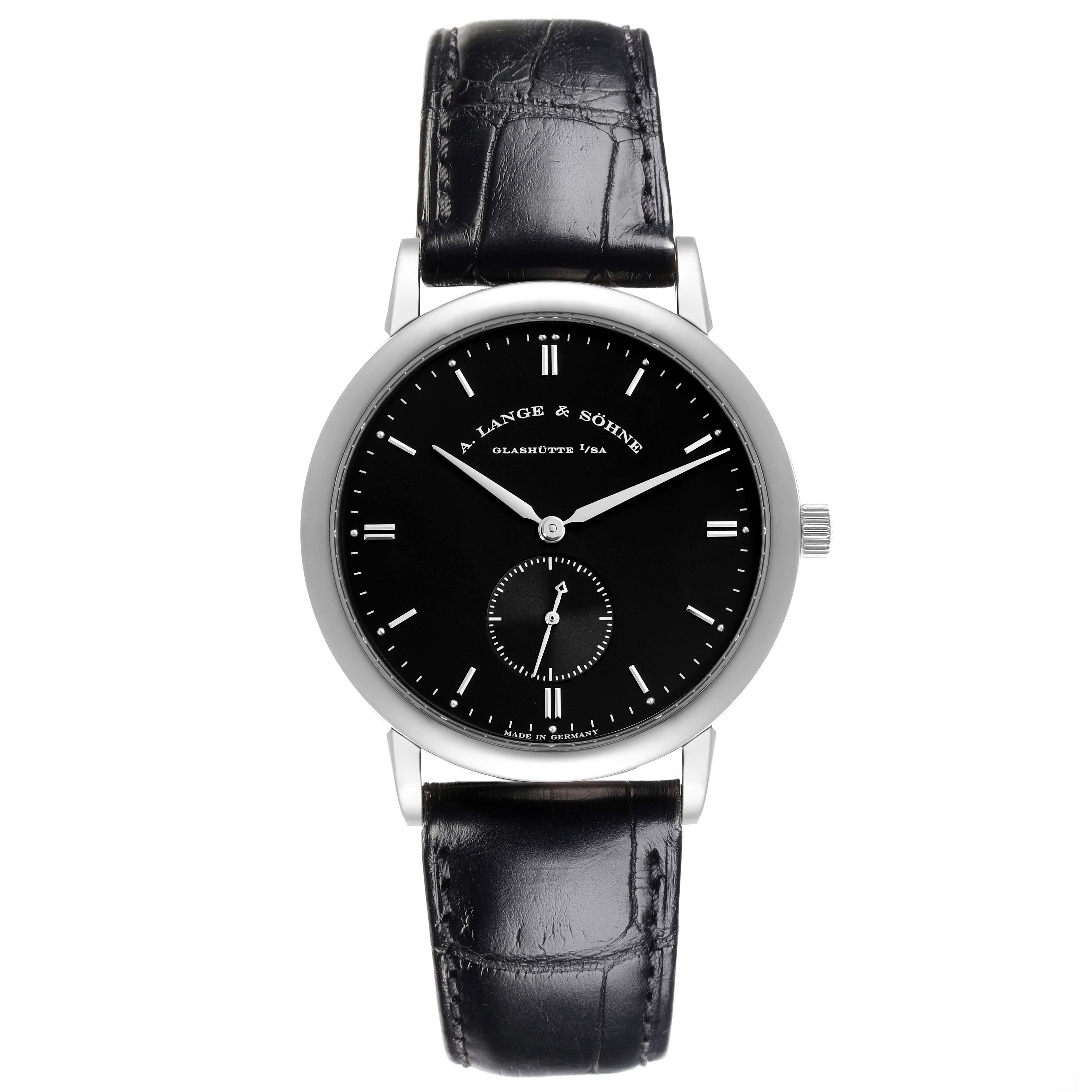 The A. Lange & Sohne Saxonia 215.029 Men's White Gold Black Dial watch is shown from a frontal angle, displaying the dial, hands, case, and leather strap.