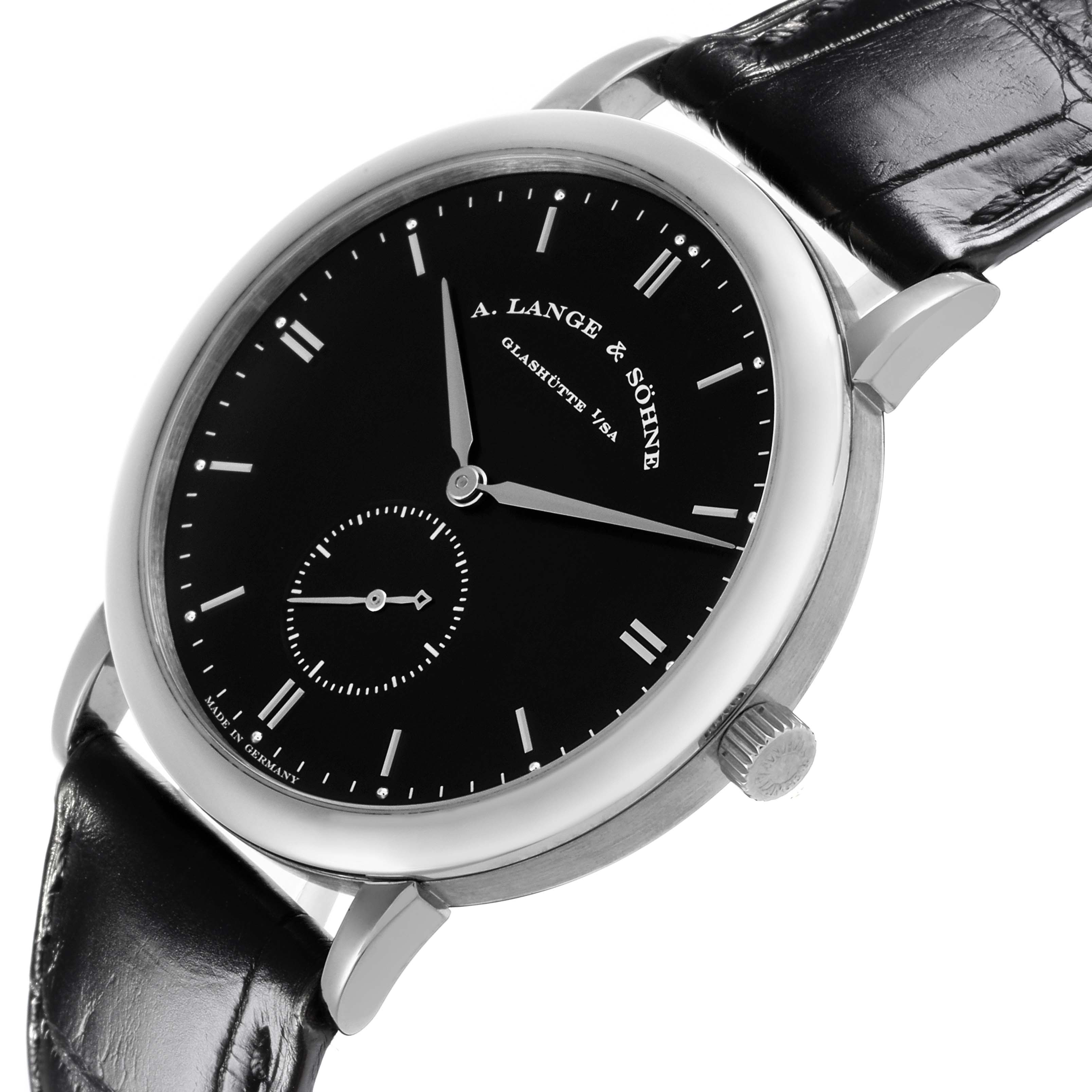 The A. Lange & Sohne Saxonia 215.029 Men's White Gold Black Dial watch is shown at a slight angle, featuring the black dial, crown, and leather strap.