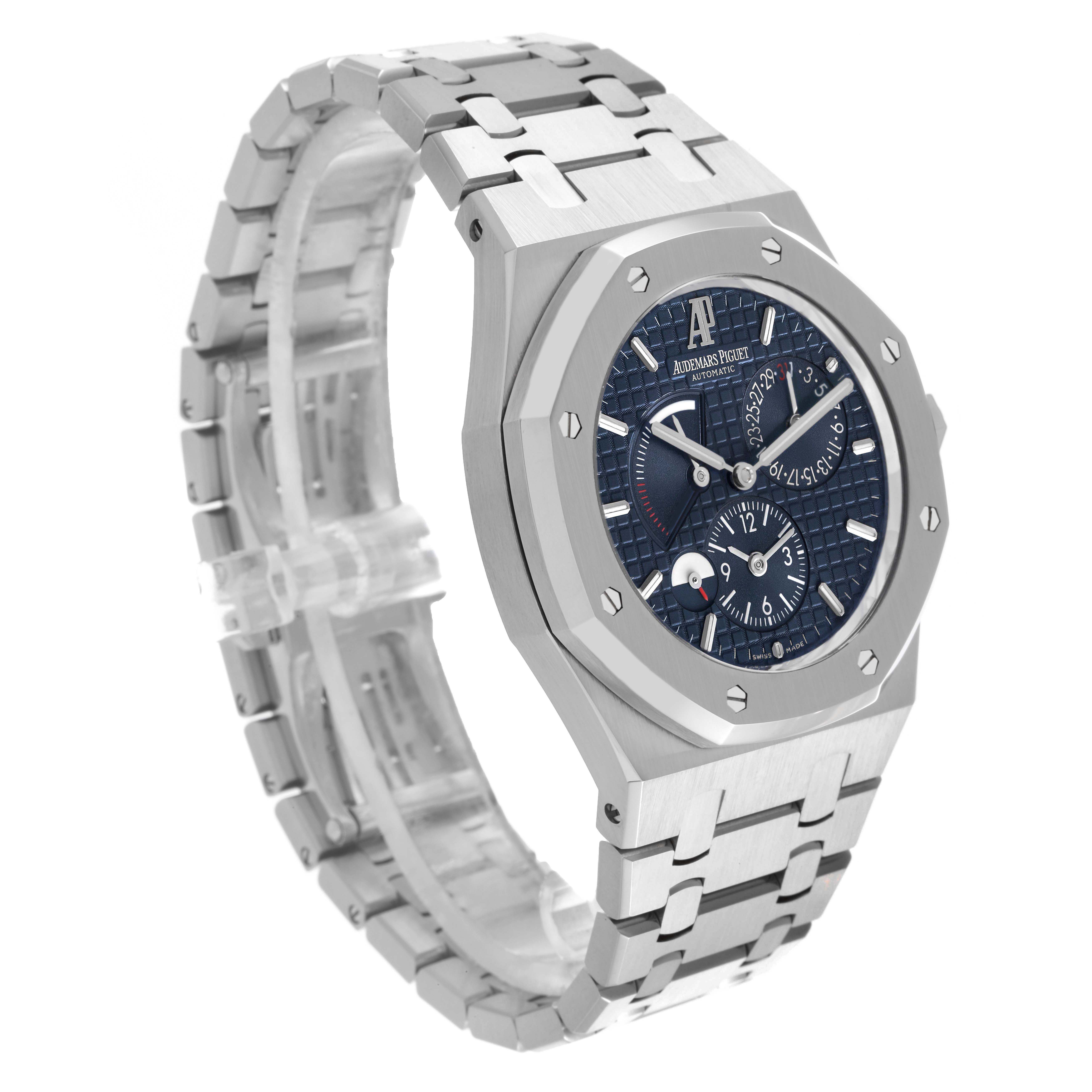 The image shows the Audemars Piguet Royal Oak 26120ST.00.1220ST.02 Men's Stainless Steel Blue Dial watch at a three-quarter angle, highlighting the case, dial, bezel, and bracelet.