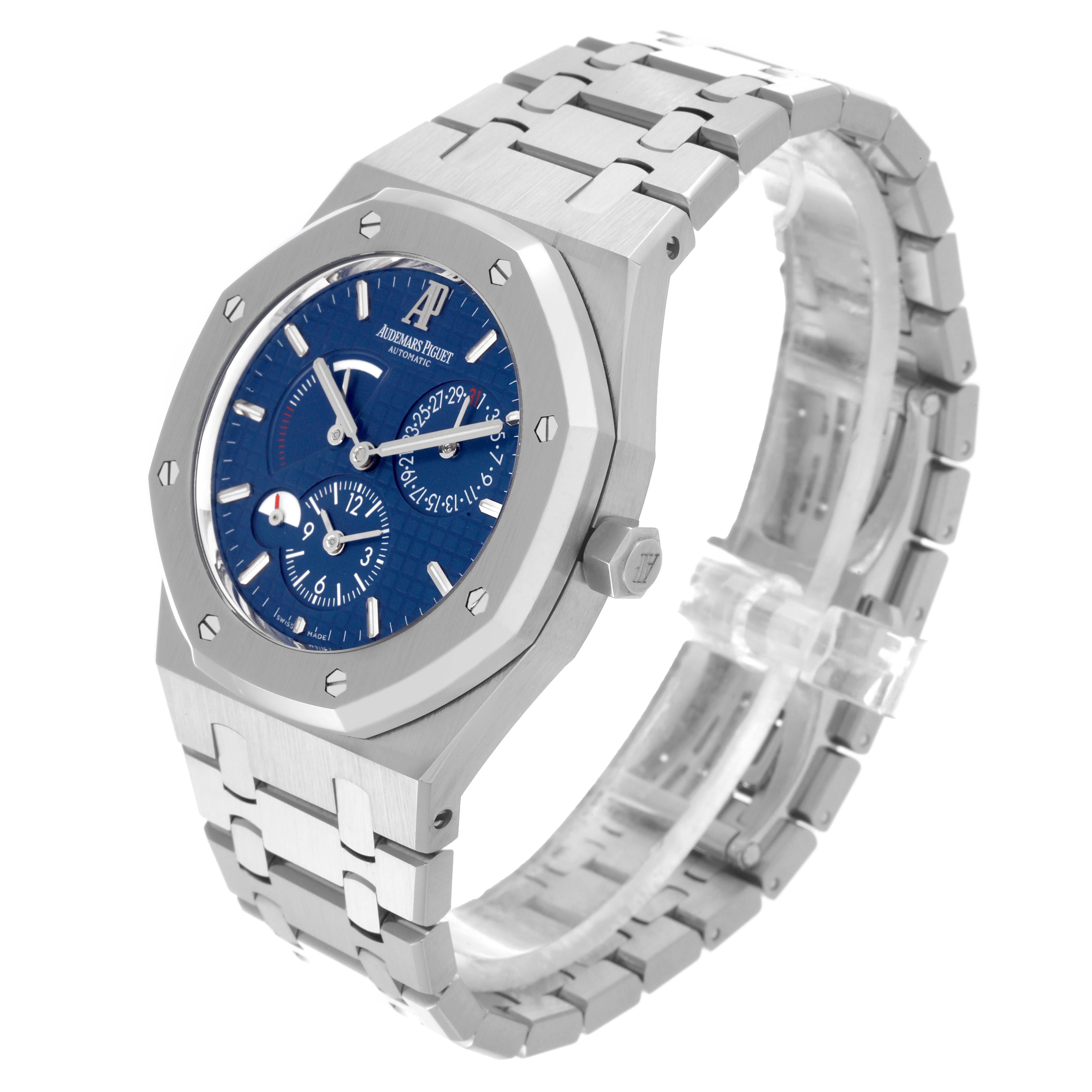 The Audemars Piguet Royal Oak 26120ST.00.1220ST.02 Men's Stainless Steel Blue Dial 26120ST.00.1220ST.02 Men's Stainless Steel Blue Dial watch is shown from a side angle, displaying the face, bezel, crown, and bracelet.