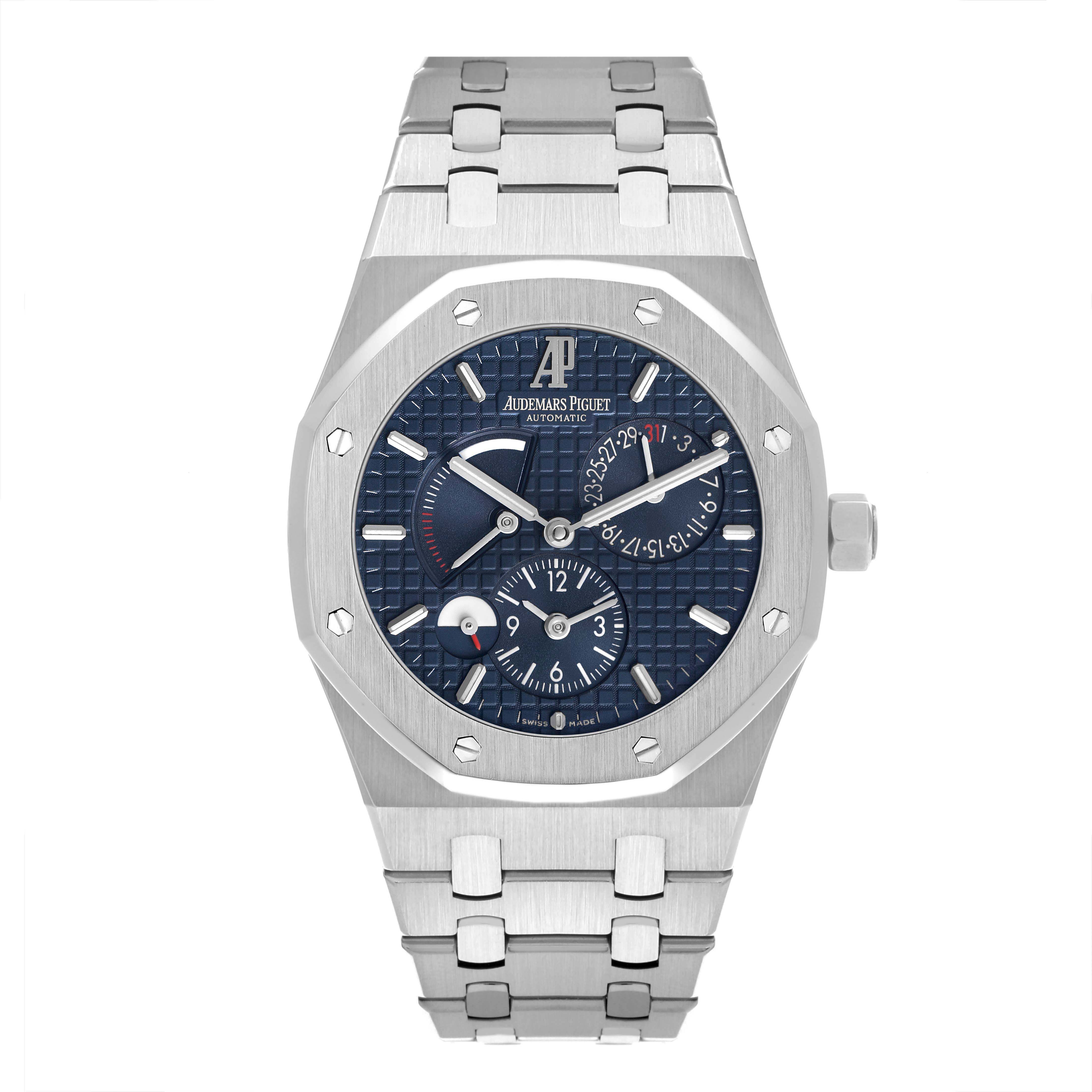 The image shows a front view of the Audemars Piguet Royal Oak 26120ST.00.1220ST.02 Men's Stainless Steel Blue Dial watch, highlighting its blue dial and stainless steel bracelet.