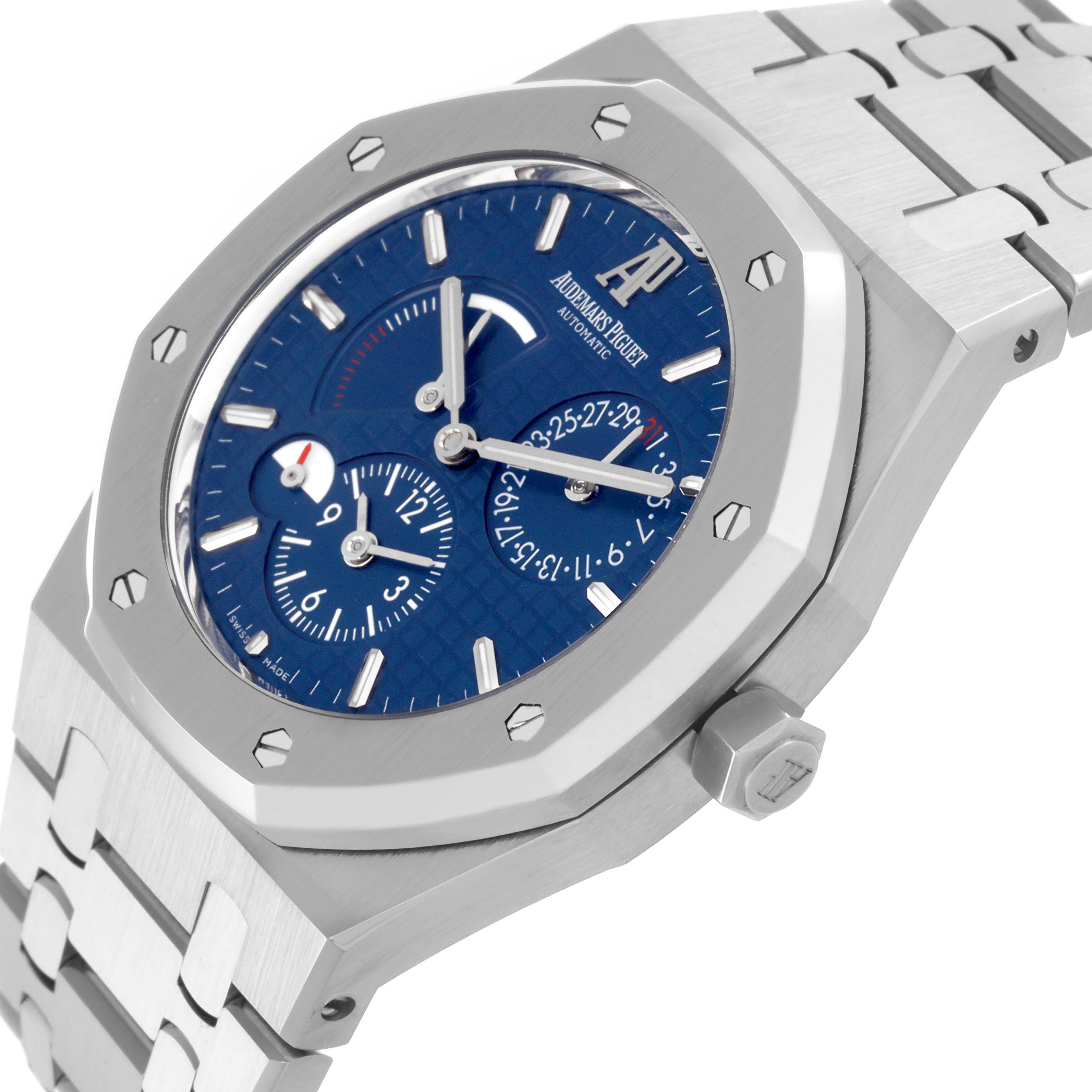 The Audemars Piguet Royal Oak 26120ST.00.1220ST.02 Men's Stainless Steel Blue Dial 26120ST.00.1220ST.02 Men's Stainless Steel Blue Dial watch is shown at a three-quarter angle, highlighting the dial, bezel, and part of the bracelet.