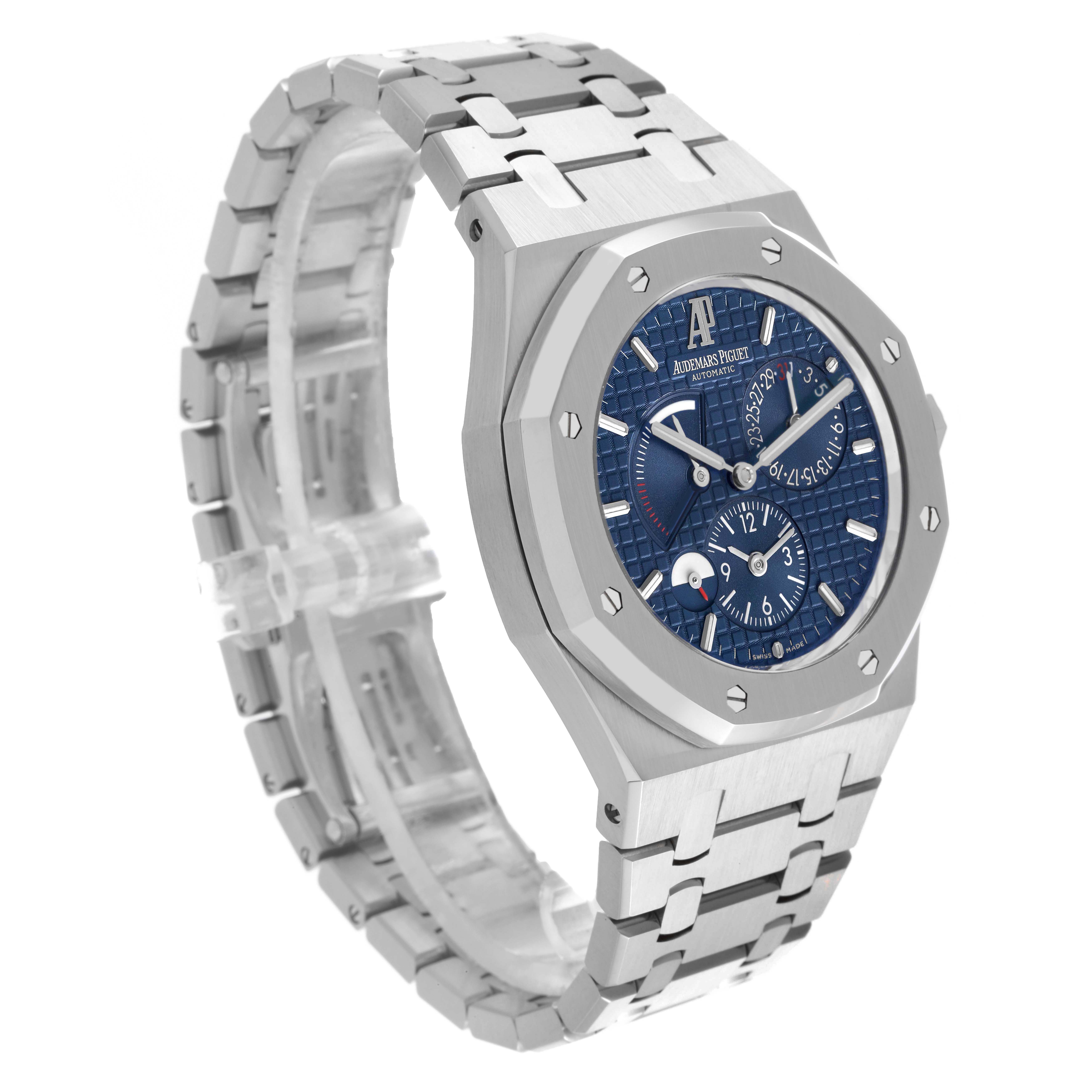 The Audemars Piguet Royal Oak 26120ST.00.1220ST.02 Men's Stainless Steel Blue Dial watch is shown at a three-quarter angle, highlighting the face, bezel, and bracelet.