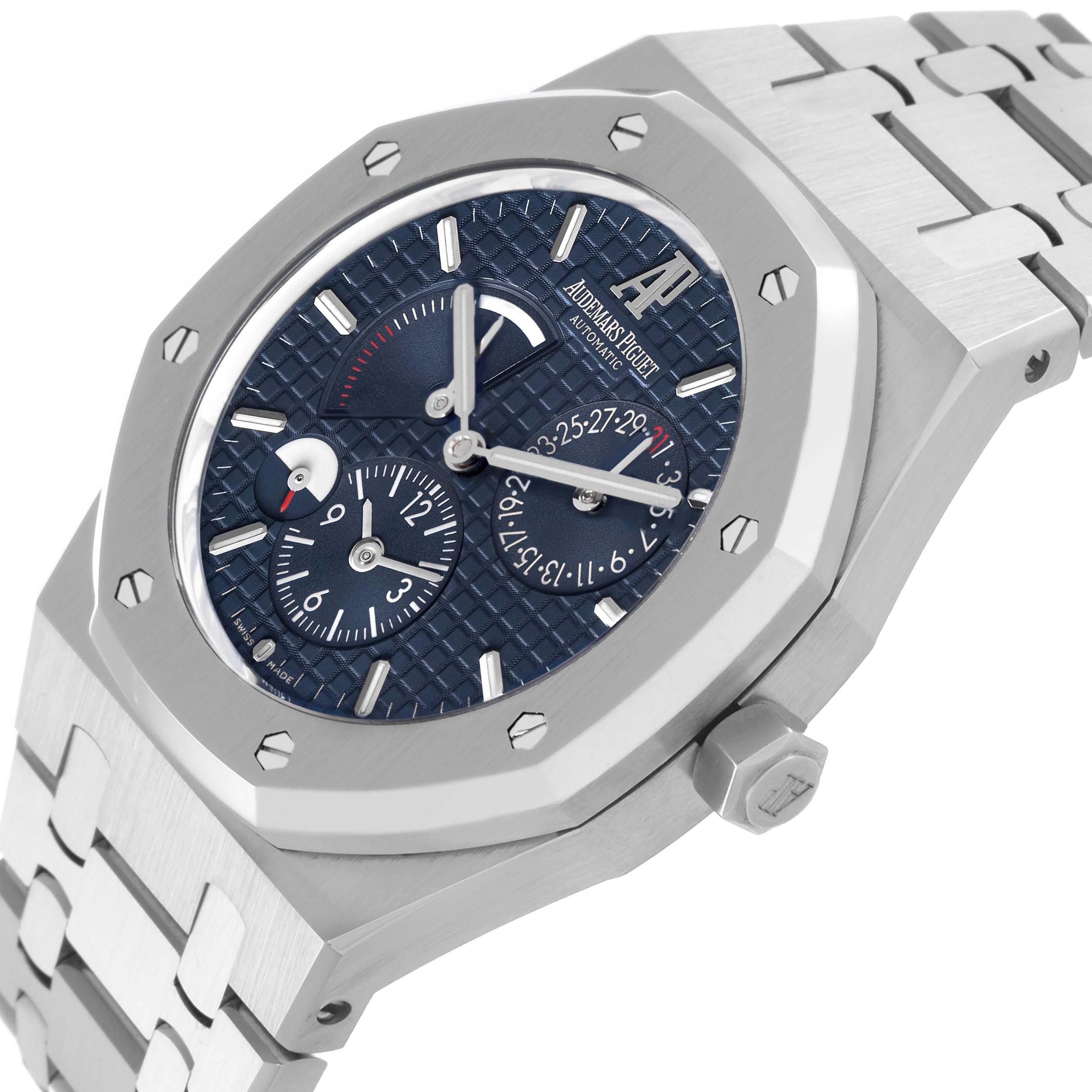 The Audemars Piguet Royal Oak 26120ST.00.1220ST.02 Men's Stainless Steel Blue Dial watch is shown at a three-quarter angle, displaying the octagonal bezel, blue dial, and metal bracelet.