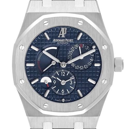 The Audemars Piguet Royal Oak 26120ST.00.1220ST.02 Men's Stainless Steel Blue Dial watch is shown from the front, highlighting the dial, hands, and octagonal bezel with visible screws.