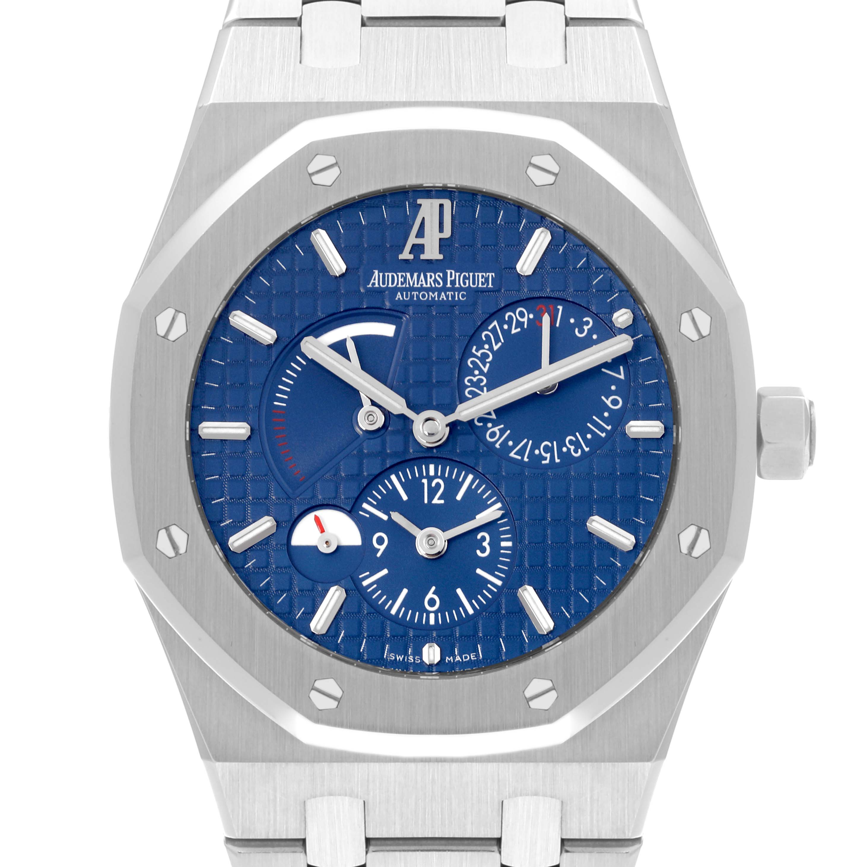 The Royal Oak by Audemars Piguet is shown head-on, displaying the blue dial, subdials, and stainless steel bezel and bracelet.