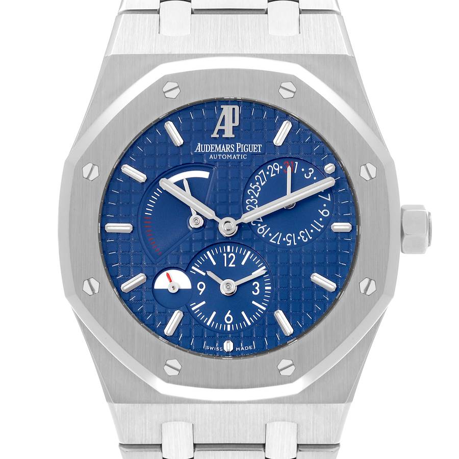 The Royal Oak by Audemars Piguet is shown head-on, displaying the blue dial, subdials, and stainless steel bezel and bracelet.