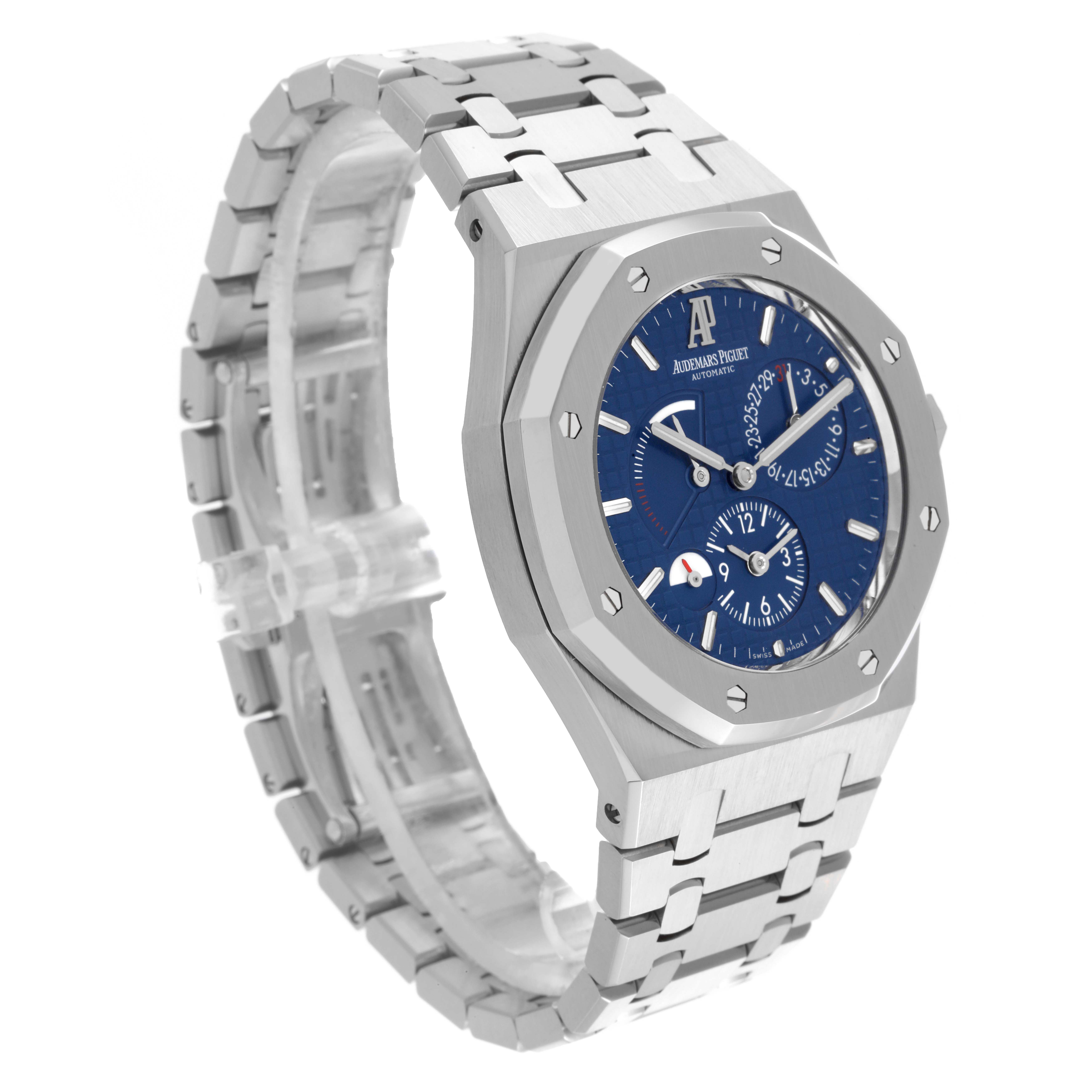 The Audemars Piguet Royal Oak 26120ST.00.1220ST.02 Men's Stainless Steel Blue Dial 26120ST.00.1220ST.02 Men's Stainless Steel Blue Dial watch is shown at a slight angle, displaying the face, octagonal bezel, and part of the bracelet.