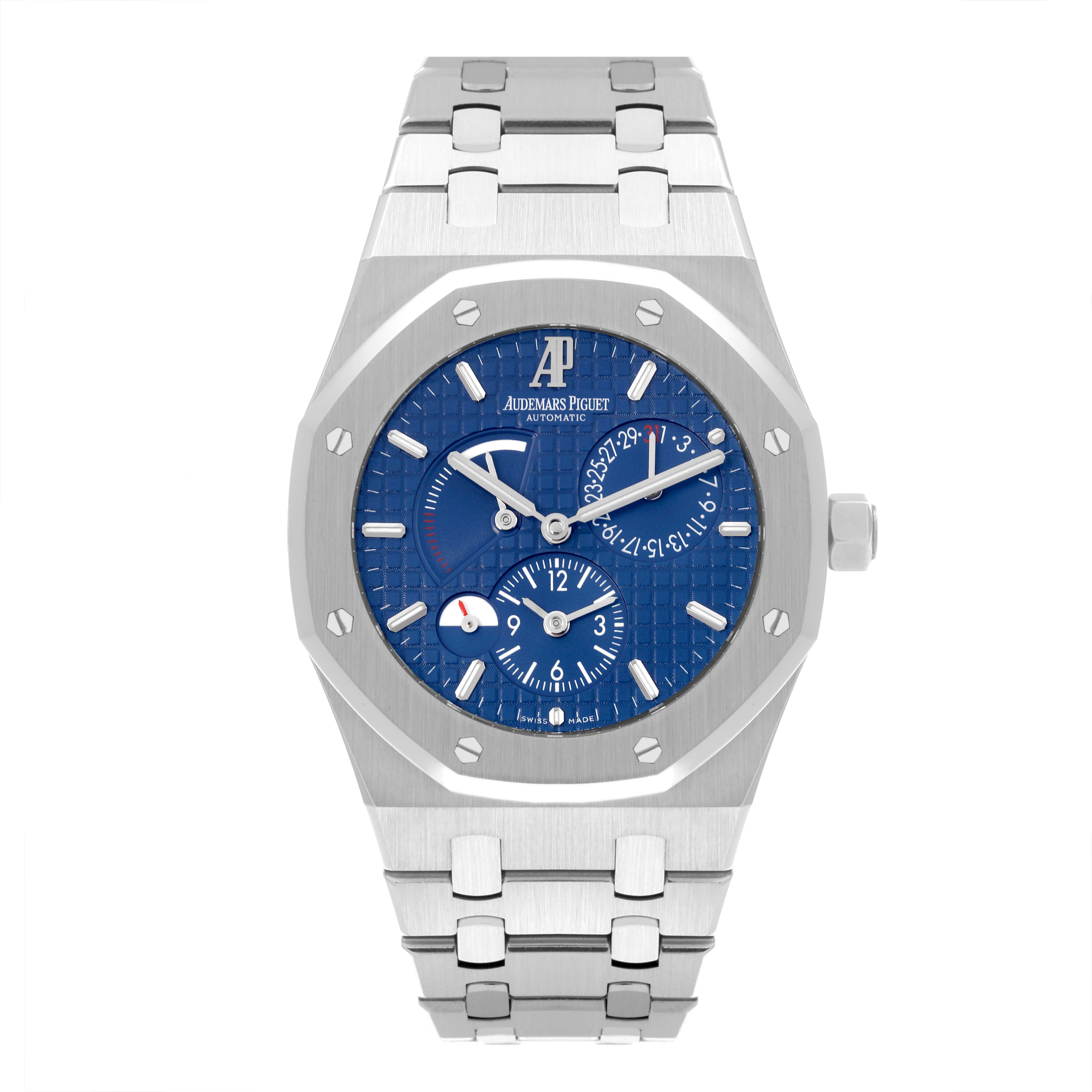 The Audemars Piguet Royal Oak 26120ST.00.1220ST.02 Men's Stainless Steel Blue Dial 26120ST.00.1220ST.02 Men's Stainless Steel Blue Dial watch is shown from a front angle, displaying the blue dial, octagonal bezel, and metal bracelet.