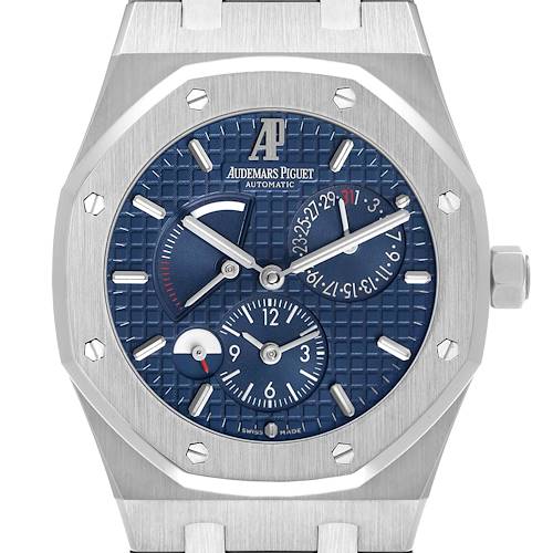 The Royal Oak by Audemars Piguet is shown from the front, highlighting its blue dial, indices, subdials, and octagonal bezel.