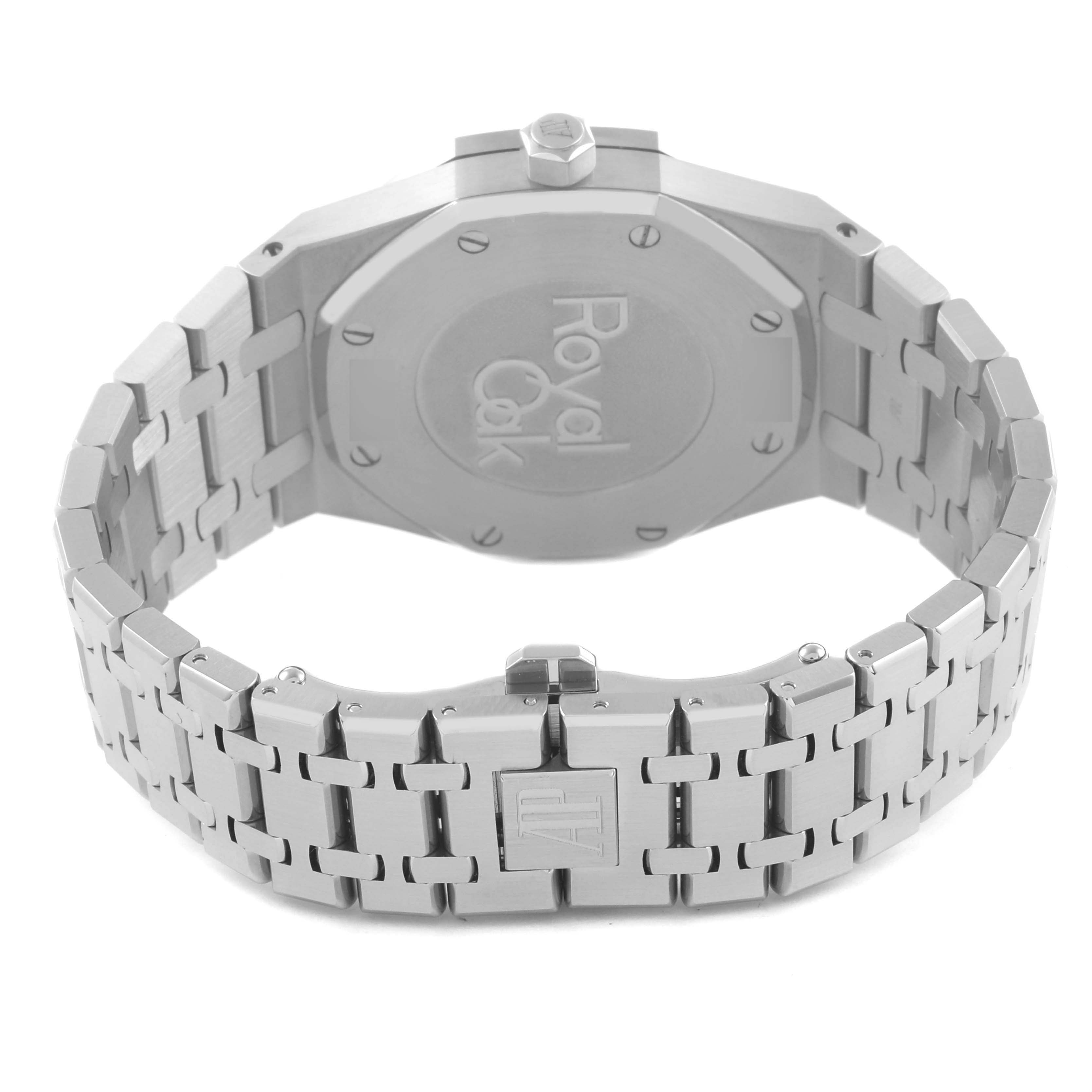 The image shows the back view of an Audemars Piguet Royal Oak 26120ST.00.1220ST.02 Men's Stainless Steel Blue Dial 26120ST.00.1220ST.02 Men's Stainless Steel Blue Dial watch, including the case back and bracelet.