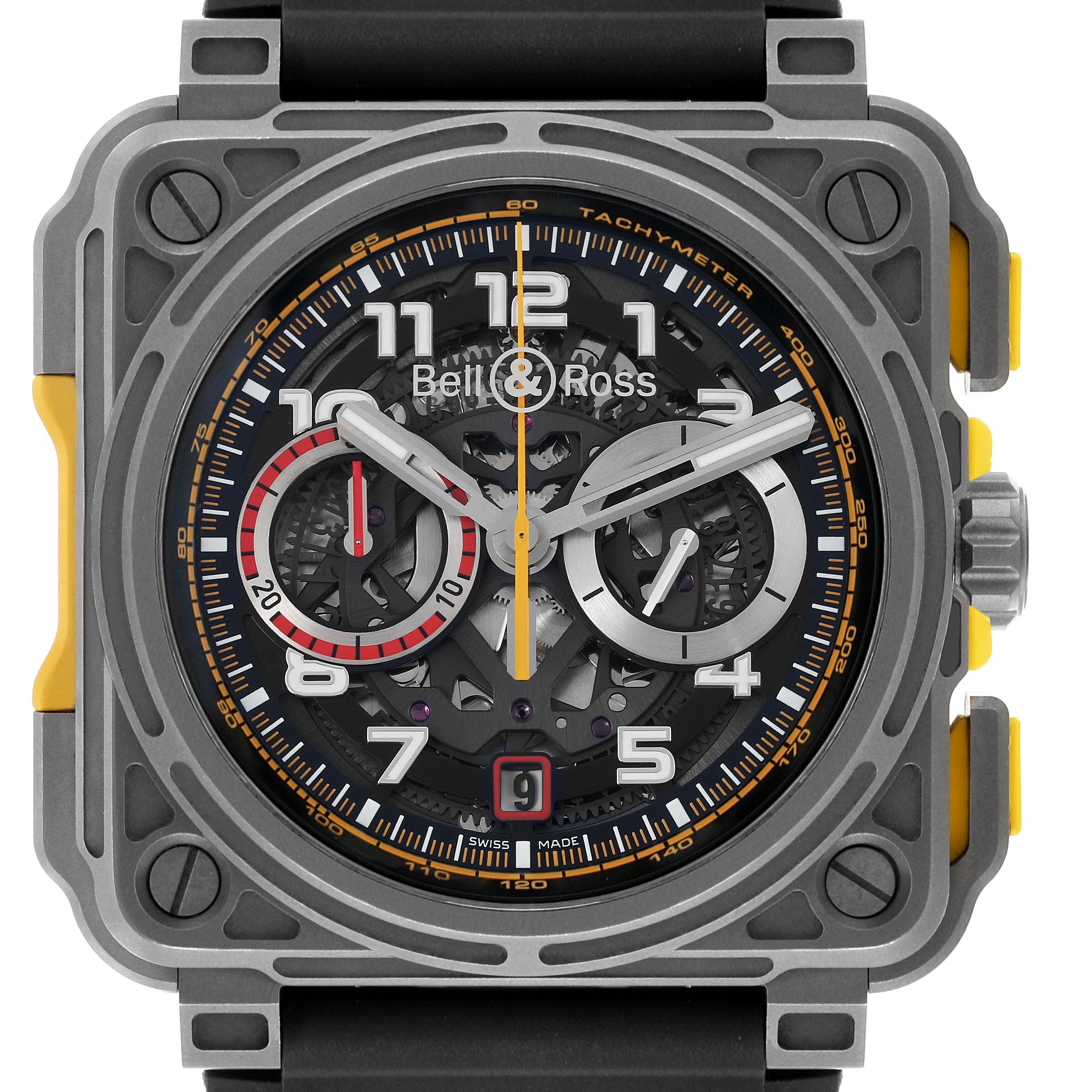 The Bell 
Ross Instruments BR-X1 R.S.18 Men
s Titanium Transparent Dial BR-X1 R.S.18 Men
s Titanium Transparent Dial watch is shown from the front, displaying its face, case, and strap.