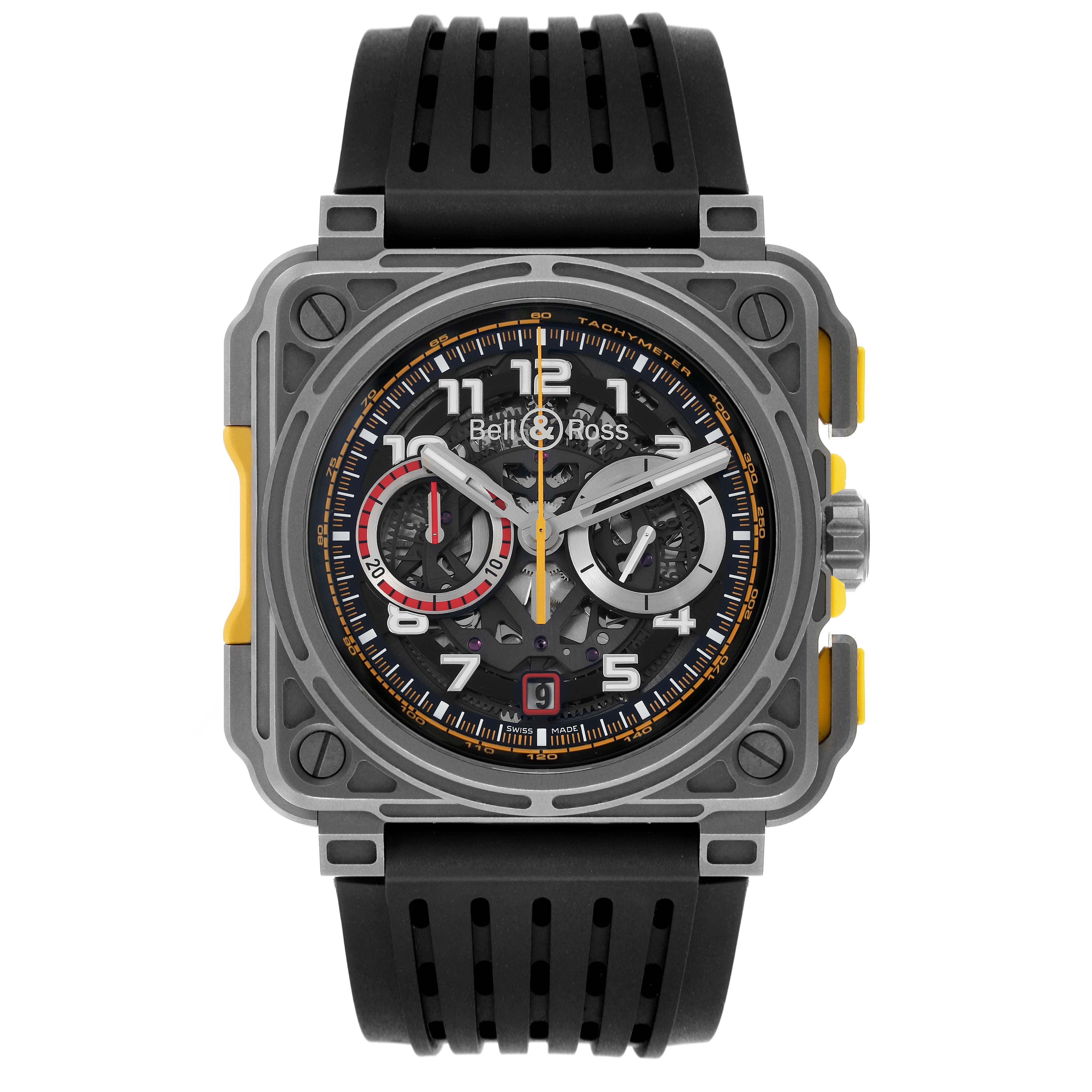 The Bell 
Ross Instruments BR-X1 R.S.18 Men
s Titanium Transparent Dial BR-X1 R.S.18 Men
s Titanium Transparent Dial model watch is shown from a top-down angle, displaying the full face, strap, and side buttons.