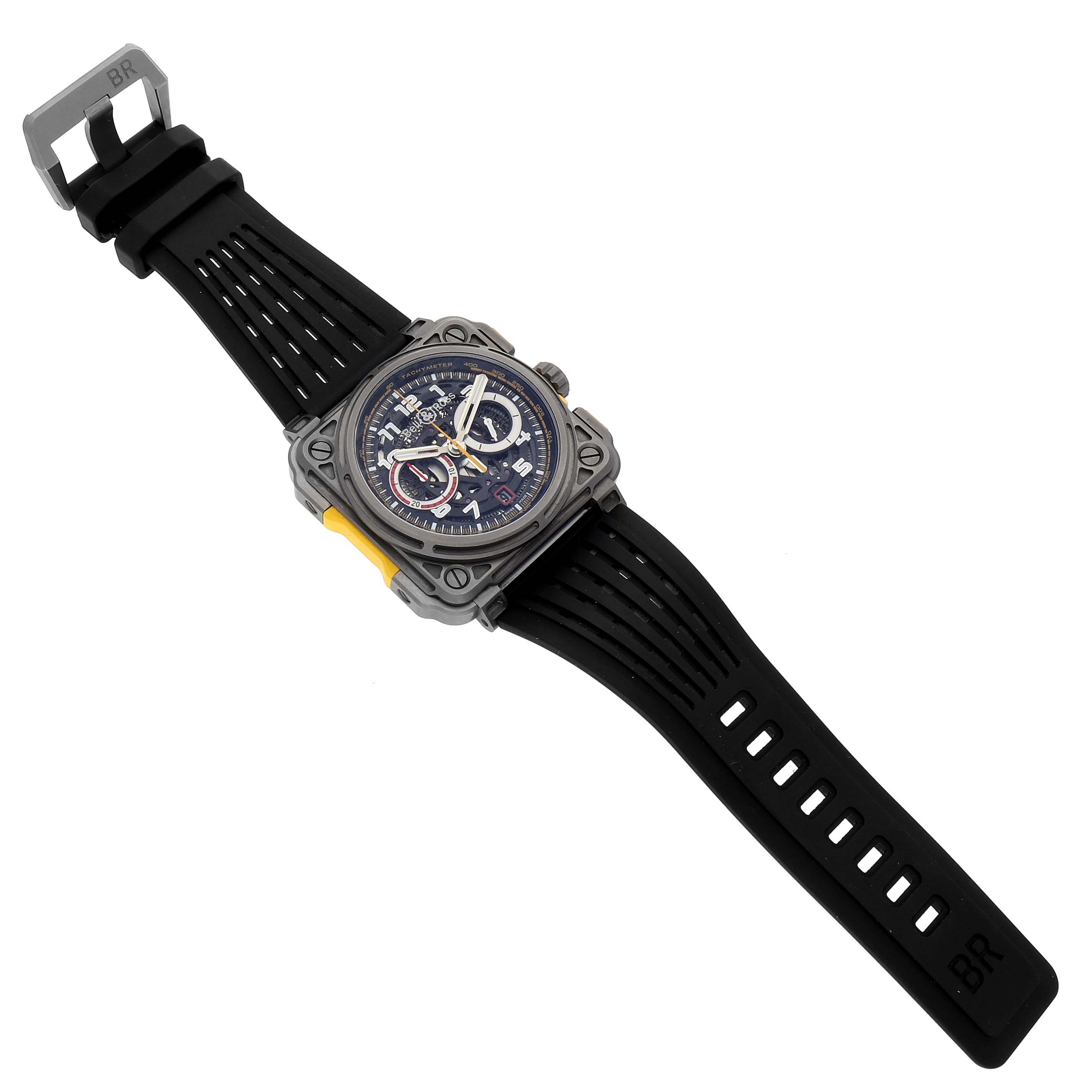 The Bell 
Ross Instruments BR-X1 R.S.18 Men
s Titanium Transparent Dial BR-X1 R.S.18 Men
s Titanium Transparent Dial watch is shown from an angled top view, displaying the face, case, and full strap.