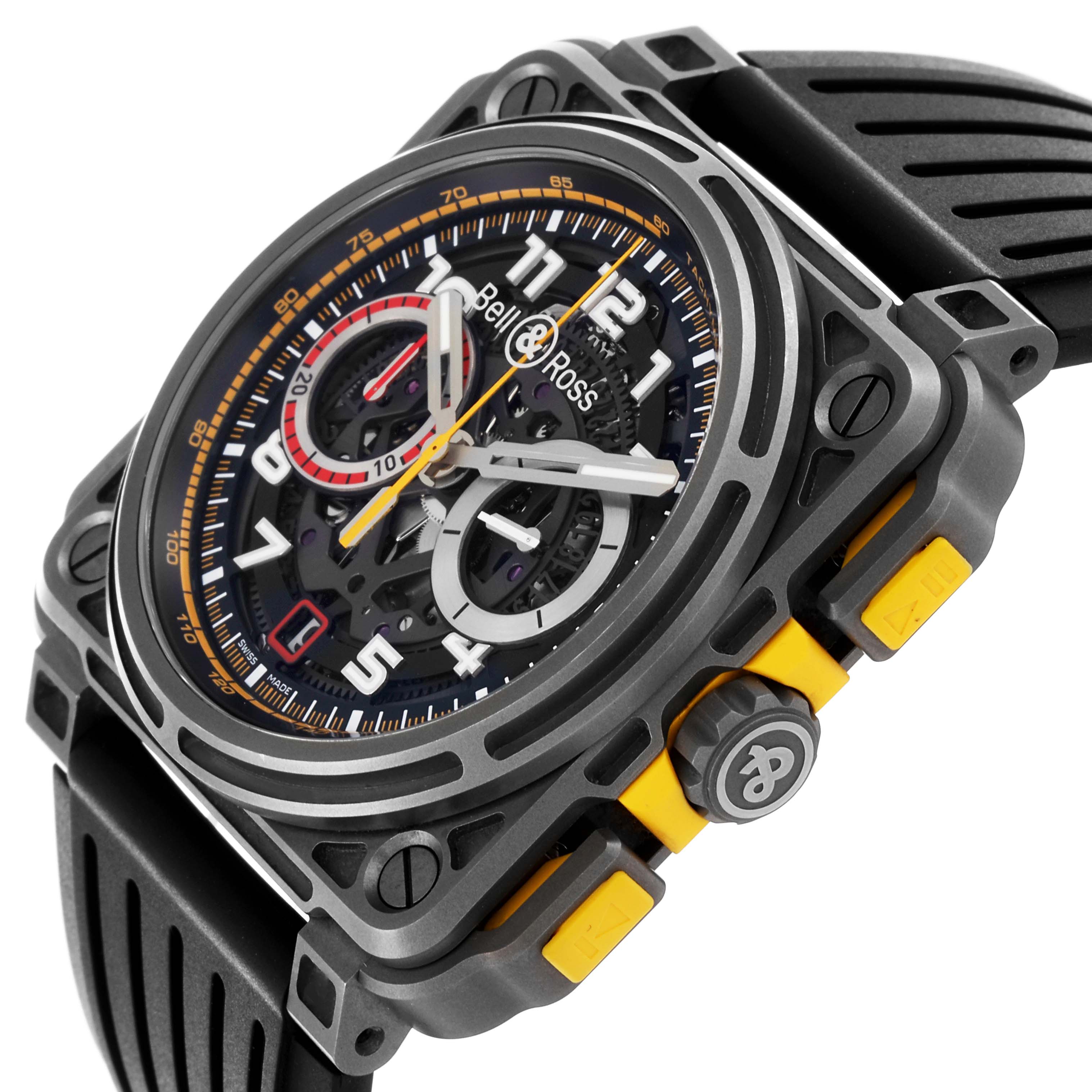 The Bell 
Ross Instruments BR-X1 R.S.18 Men
s Titanium Transparent Dial BR-X1 R.S.18 Men
s Titanium Transparent Dial model watch is shown at a dynamic angle, highlighting the face, bezel, and crown.