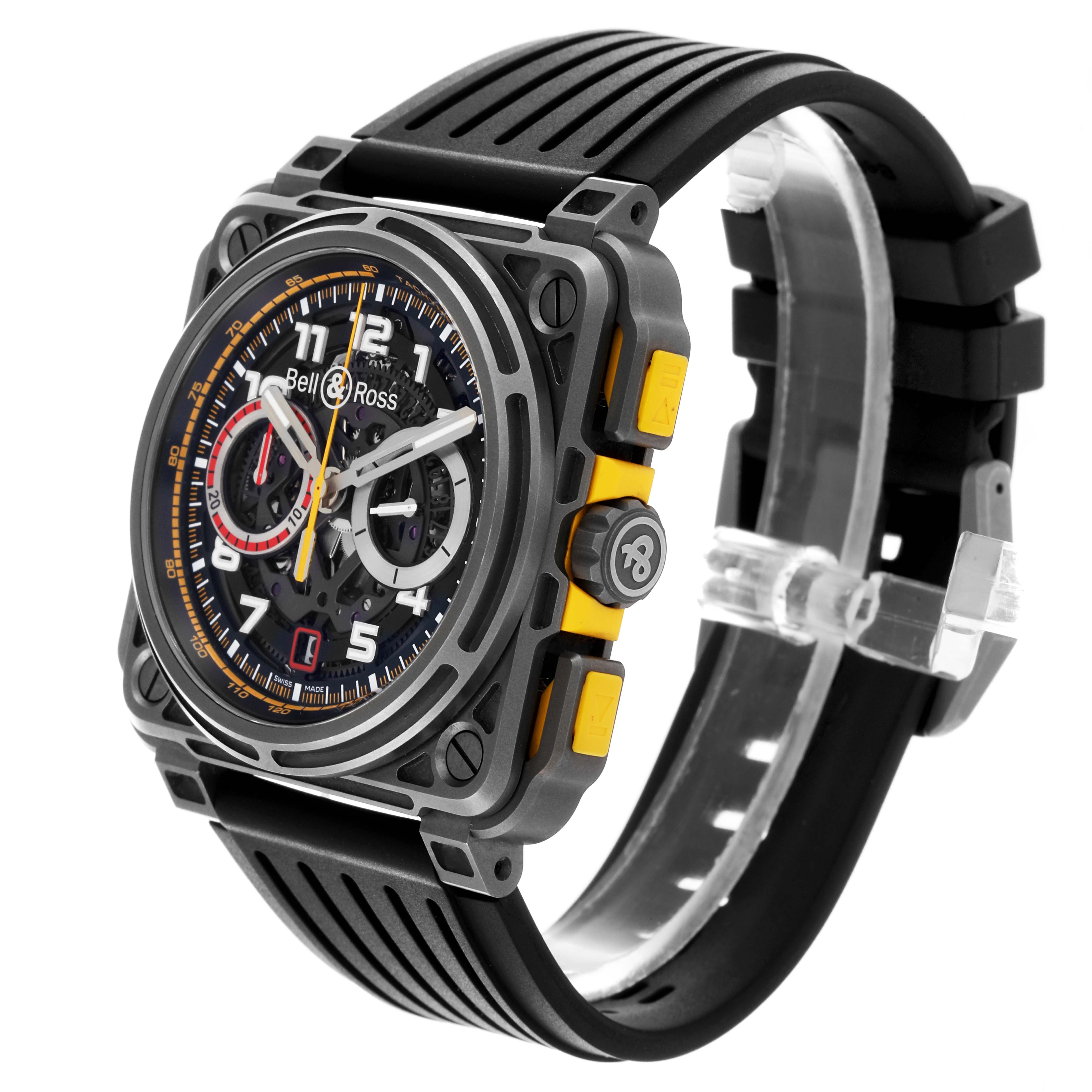 The Bell 
Ross Instruments BR-X1 R.S.18 Men
s Titanium Transparent Dial BR-X1 R.S.18 Men
s Titanium Transparent Dial watch is shown at an angled side view, highlighting the case, dial, and wristband.