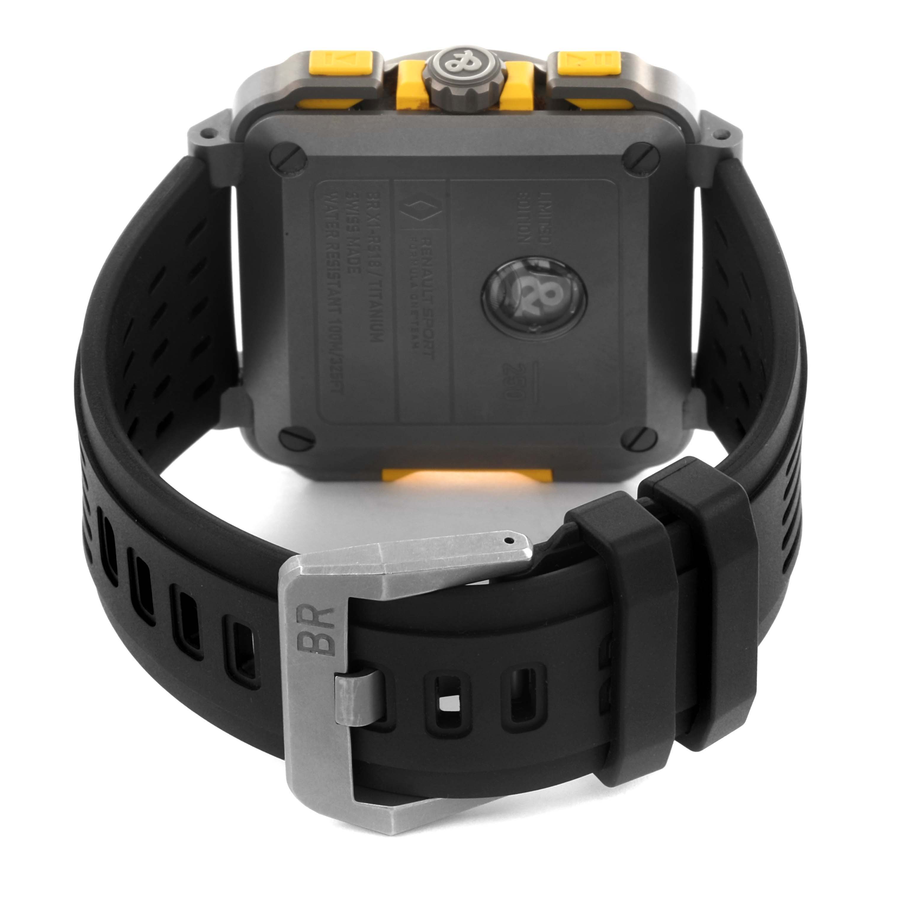 The image shows the back view of a Bell 
Ross Instruments BR-X1 R.S.18 Men
s Titanium Transparent Dial BR-X1 R.S.18 Men
s Titanium Transparent Dial watch with its strap and buckle visible.