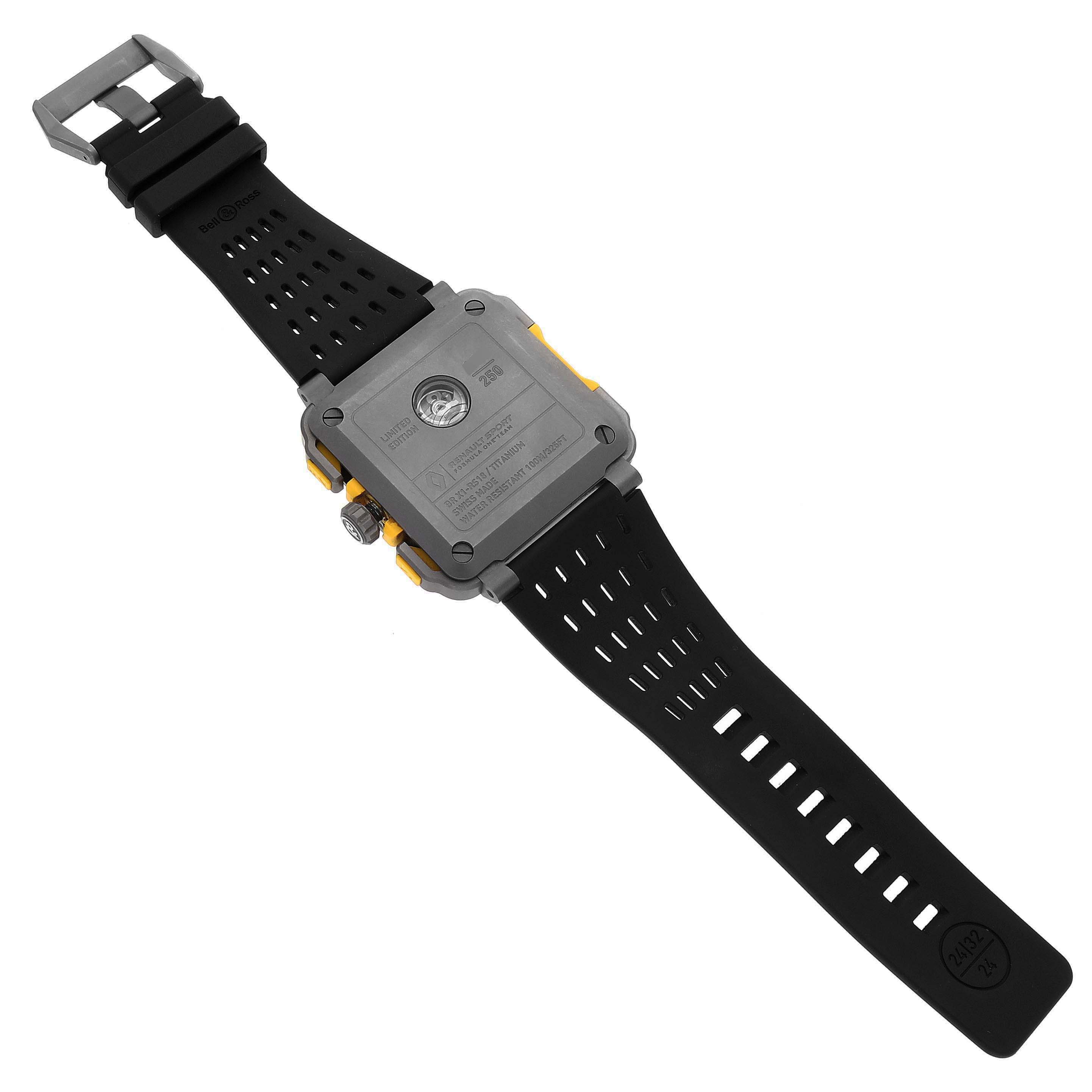 The Bell 
Ross Instruments BR-X1 R.S.18 Men
s Titanium Transparent Dial BR-X1 R.S.18 Men
s Titanium Transparent Dial watch is shown from the back, highlighting the case back, straps, and buckle.